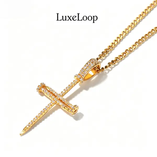 LuxeLoop Nail Cross Iced Out Pendant Neck Chain, Trendy Hip Hop Sparkling Streetwear Jewelry, Dainty Stackable Statement Accessory, Versatile Daily Outfit Layering Piece, Fashion Holiday Birthday Gift
