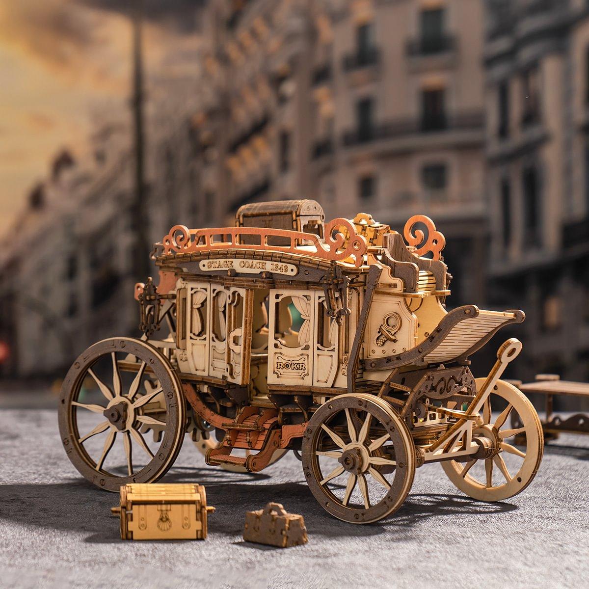 【self-assembly puzzle】ROKR Stagecoach Mechanical Music Box 3D Wooden Puzzle AMKA1