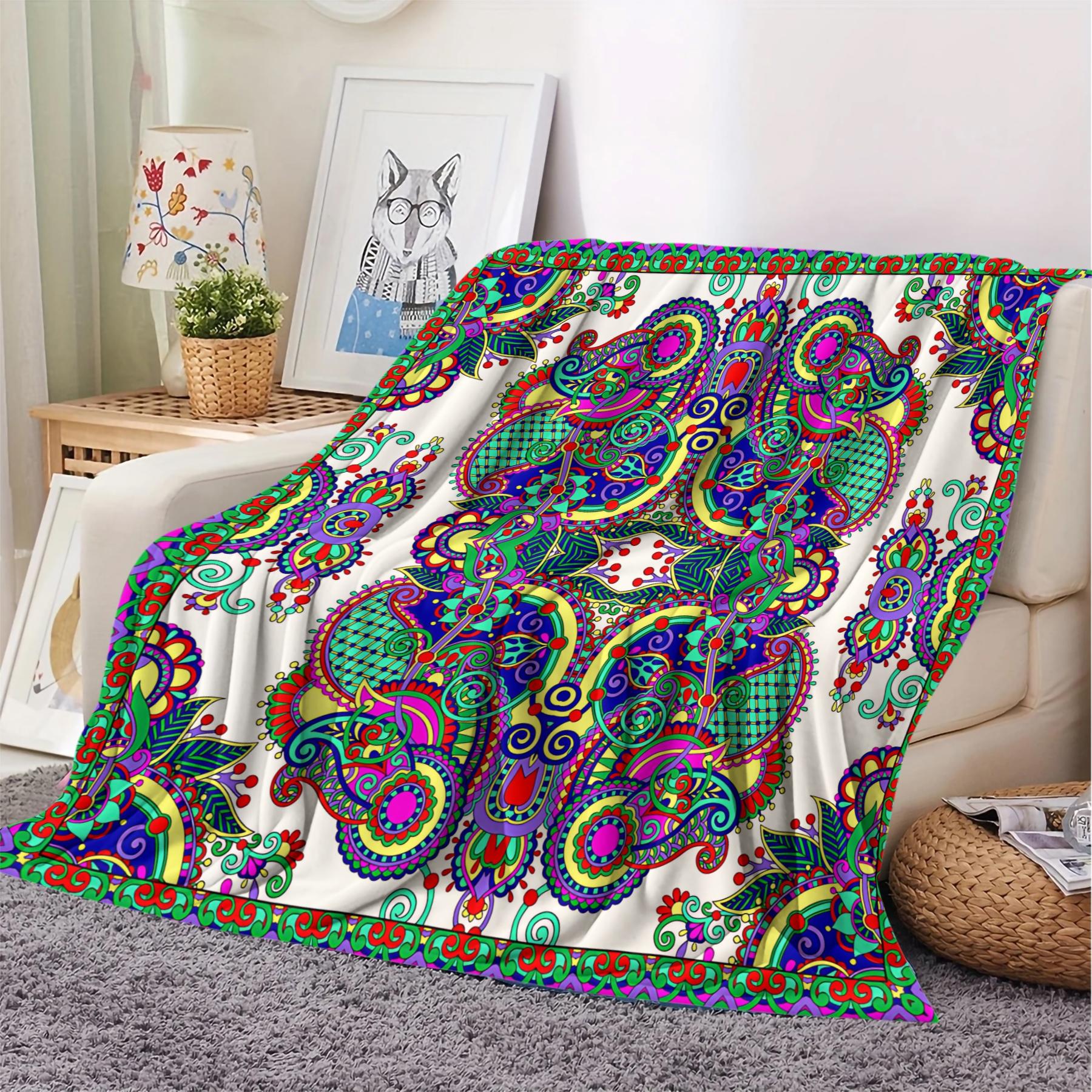 1Pcs Boho Paisley Digital Print Flannel Blanket, Vibrant Ethnic Style Throw Blanket, Ultra-Soft Cozy Warm Blanket, All-Season Decorative Gift Blanket, Perfect for Bedroom, Sofa, Couch, Camping, Travel, Dorm Decor