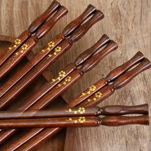 Natural Solid Wood Gold Bottle Craft Small Golden Flower Wooden Chopsticks Set, Kitchen Utensils, Cutlery, Tableware, Anti-Mold Non-Slip Easy Clean