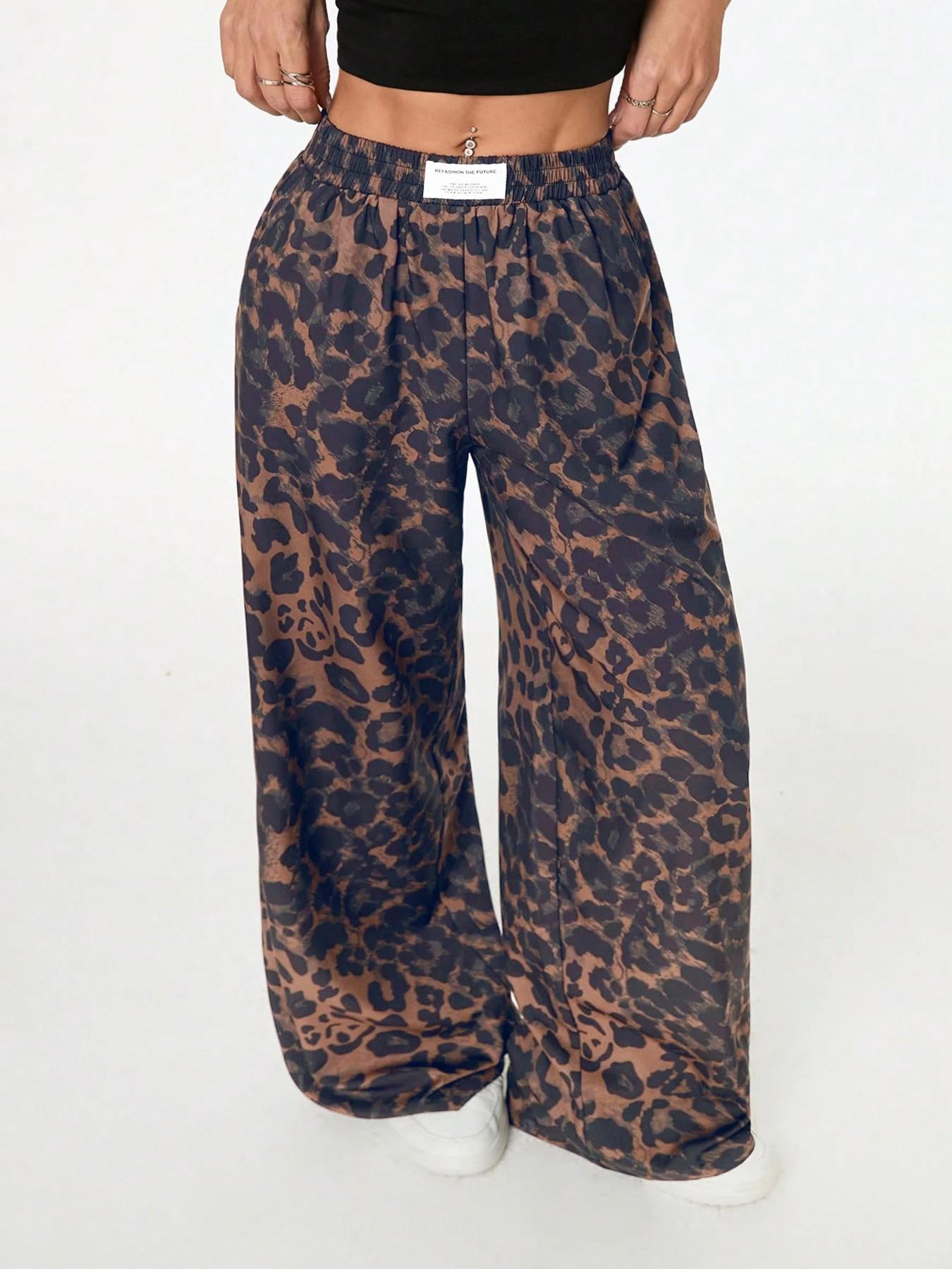 Women's Leopard Print Wide Leg Pants, High Waist Elastic Waist Loose Fit Street Style Long Pants, Fashionable Casual Wear, Casual Street Trousers