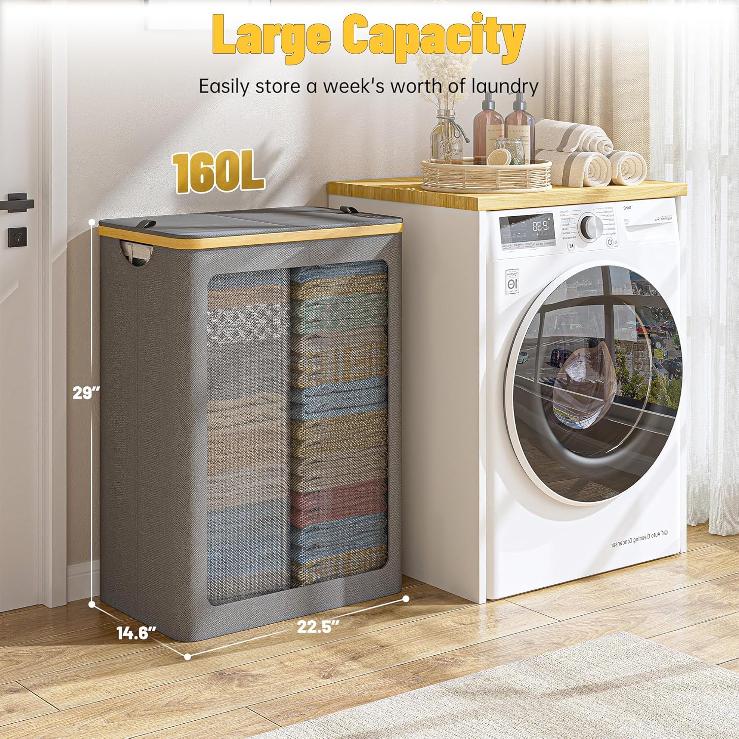 Raybee Furniture Laundry Basket with Lid, 160L-170L Laundry Hamper,2/3 Section Clothes Hamper, Hamper with Lid with Removable & Washable Bags Collapsible Hampers for Bedroom, Aesthetic for Bathroom