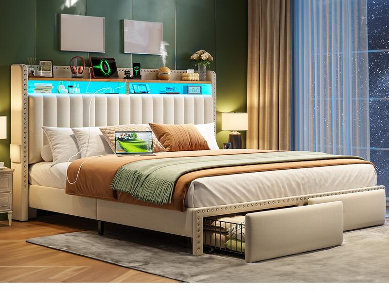 Luxury King/Queen/Full Bed Frame with Storage Shelf & 2 Drawers,NO MATTRESS, Upholstered Bed Frame with LED &Power Outlet, Holds 1000lbs, No Noise, Metal Frame & Wood Slats Luxury King/Queen/Full Bed Frame with Storage Shelf & 2 Drawers,NO MATTRESS, Upholstered Bed Frame with LED &Power Outlet, Holds 1000lbs, No Noise, Metal Frame & Wood Slats