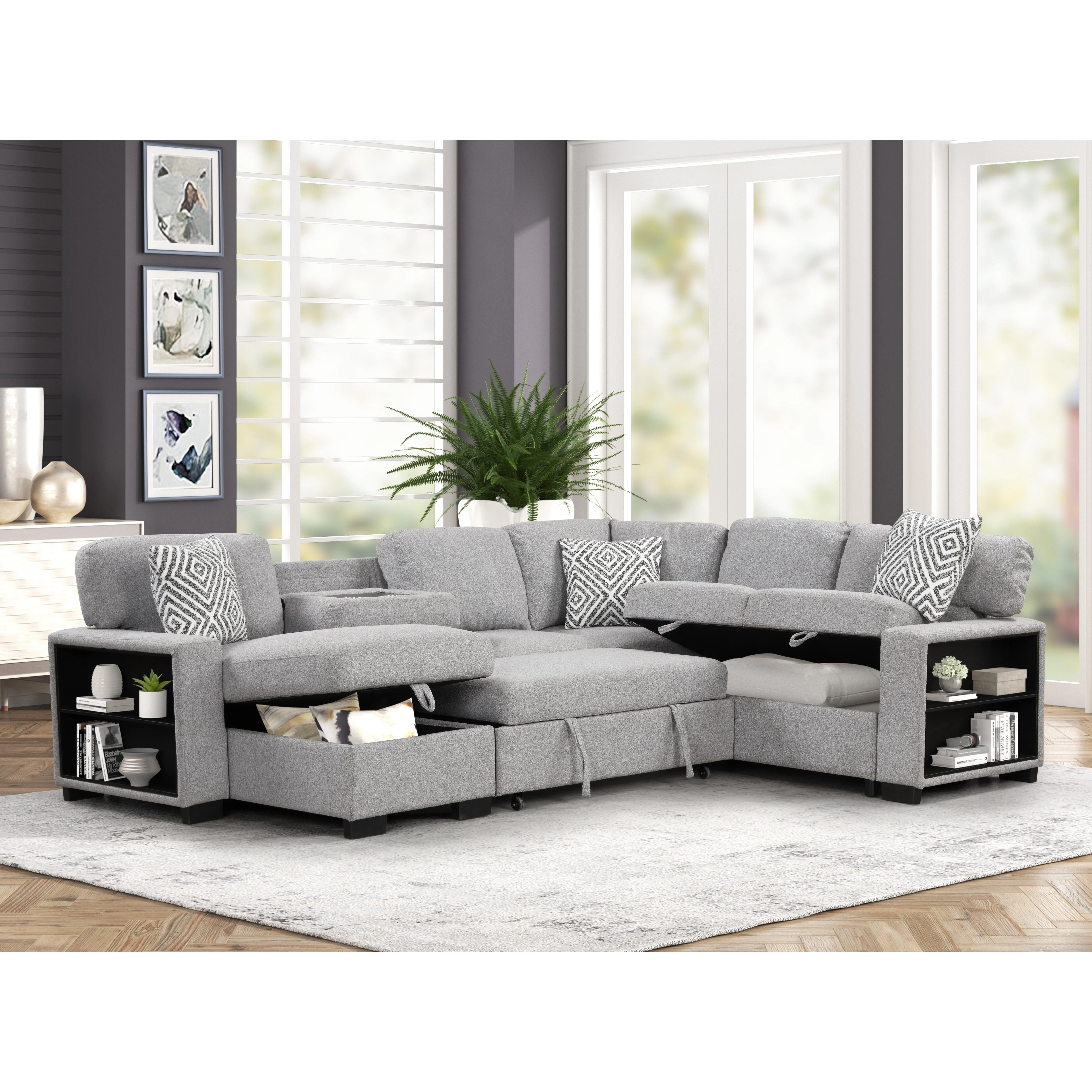 Nokaa 5-Seat L-Shaped Sectional Sofa with Pullout Sleeper, Reversible Chaise Storage, Bookshelf Arms, Drop-Down Table with Cup Holders & USB Ports, Polyester Upholstery, Solid Wood & MDF Frame for Living Room, Gray, Five Seats