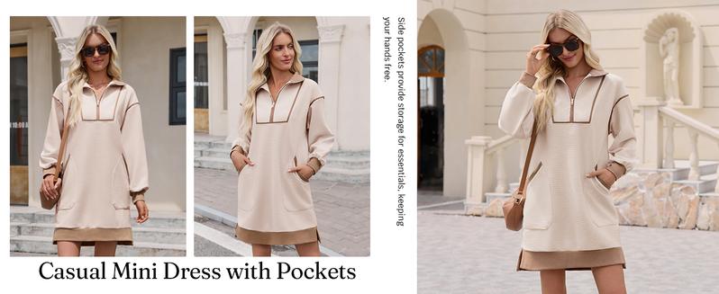 Wenrine Women's Oversized Sweatshirt Dress Half Zip V Neck Long Sleeve Contrast Fall Casual Mini Dresses with Pockets