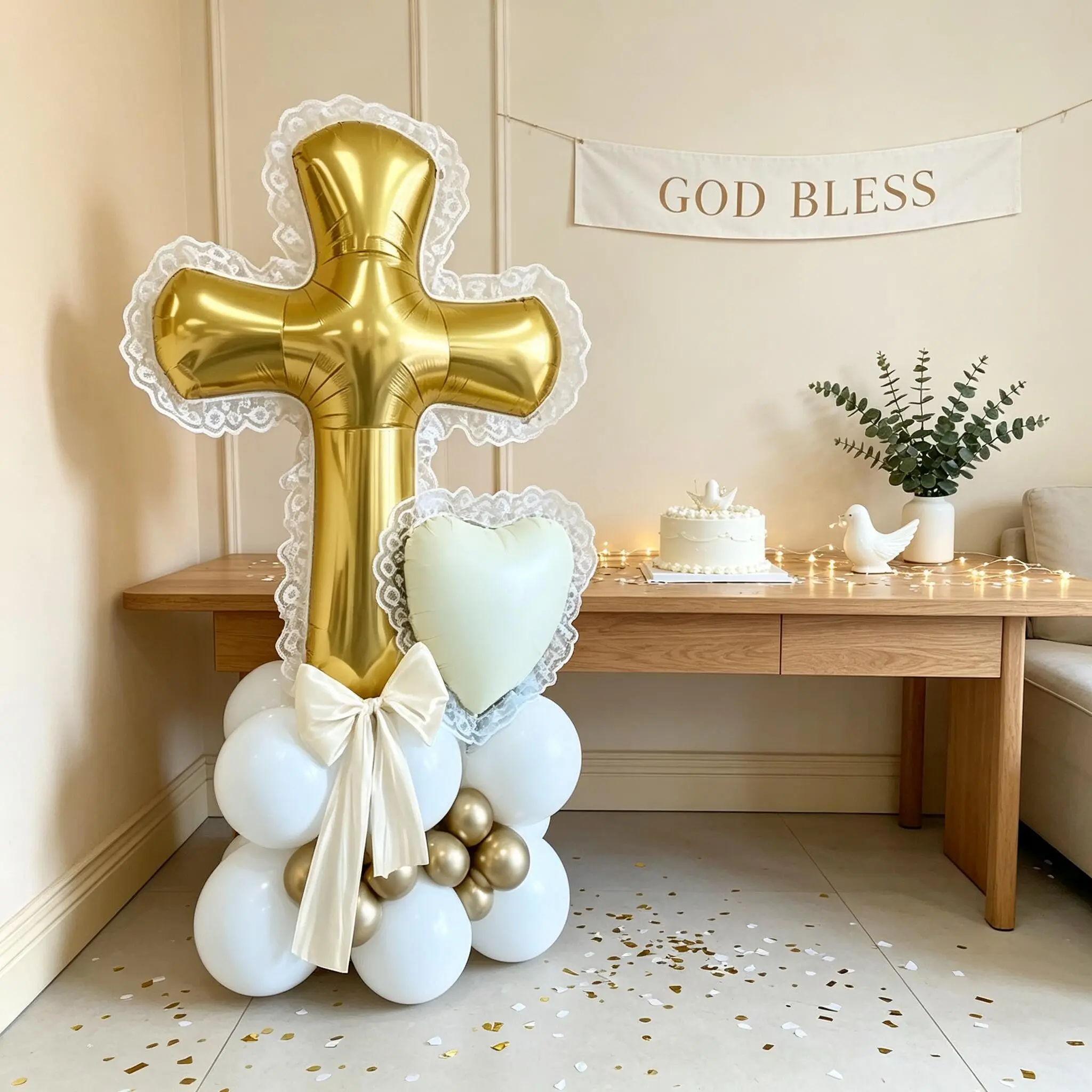 34Pcs White & Gold Baptism Balloon Set, Cross & White Heart Balloons with Lace Ribbon Bows, Glue Dots Included, Newborn Celebration, Wedding, Engagement, Easter Party Background Decor