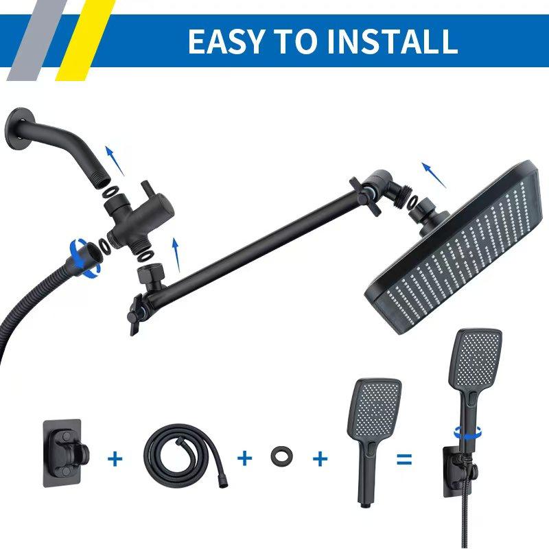 11.8'' high-pressure overhead shower provides full-body coverage. Comes with a 3-setting handheld shower head, a 59-inch stainless steel hose, a diverter, an adjustable extension arm, a shower holder, leak-proof washers, PTFE tape, bathroom accessories.