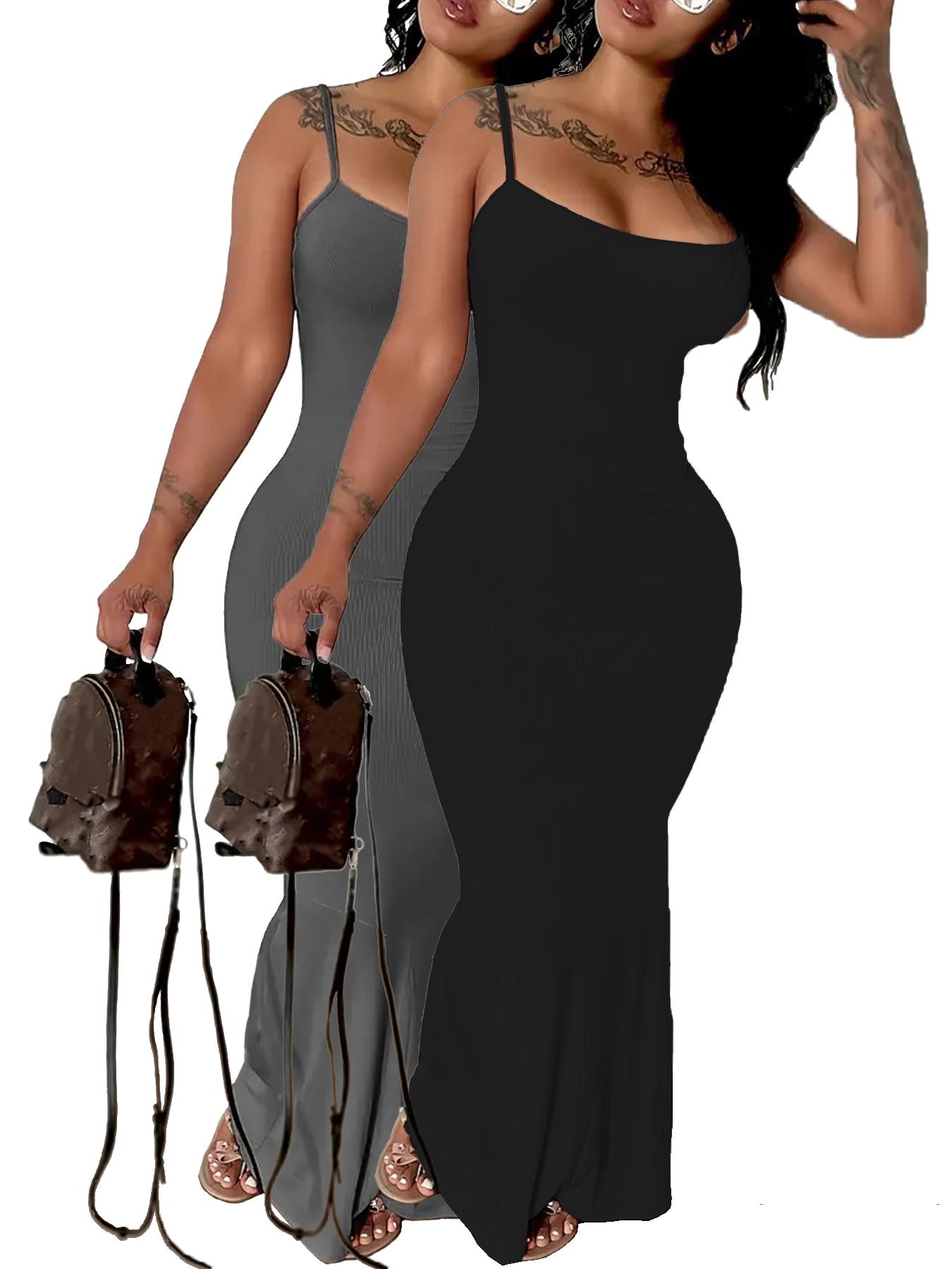 2-Pack Sleeveless Maxi Dress, Elastic Striped Design – Spring/Summer Casual Spaghetti Strap Dress, Slim Fit, Fiber Fabric