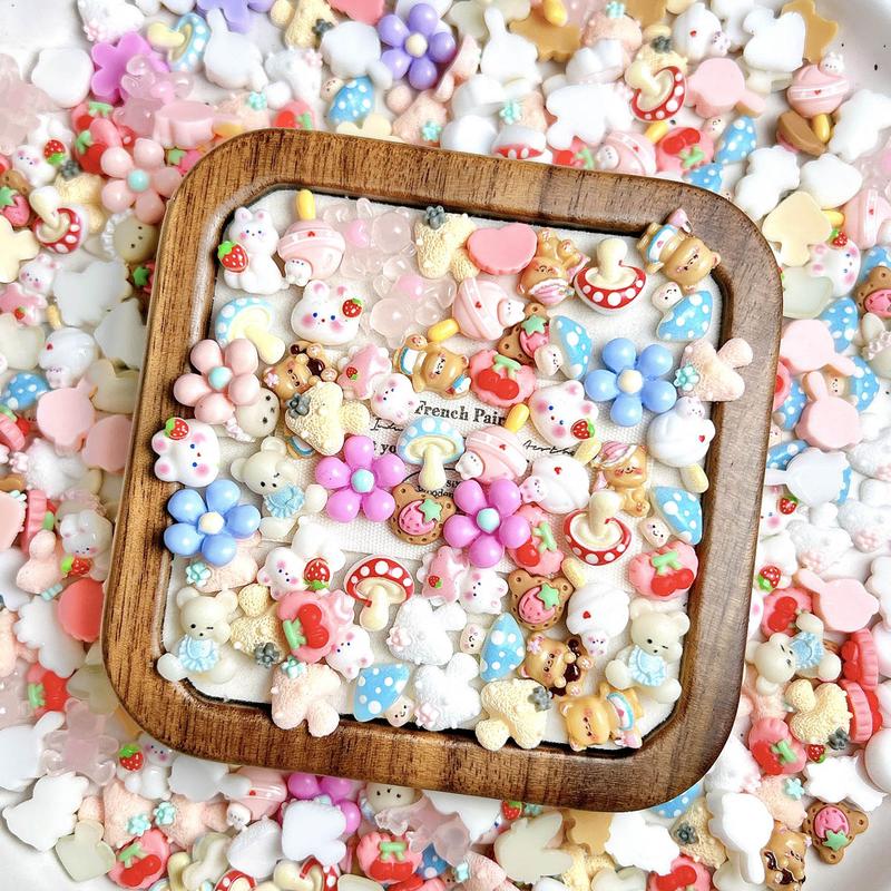 100PCS Cartoon Kawaii Resin Nail Charms 3D Creative Colorful Rabbit Bear Candy Mushroom Mixed Decorations DIY Hairpin Phone Cases Manicure Supplies