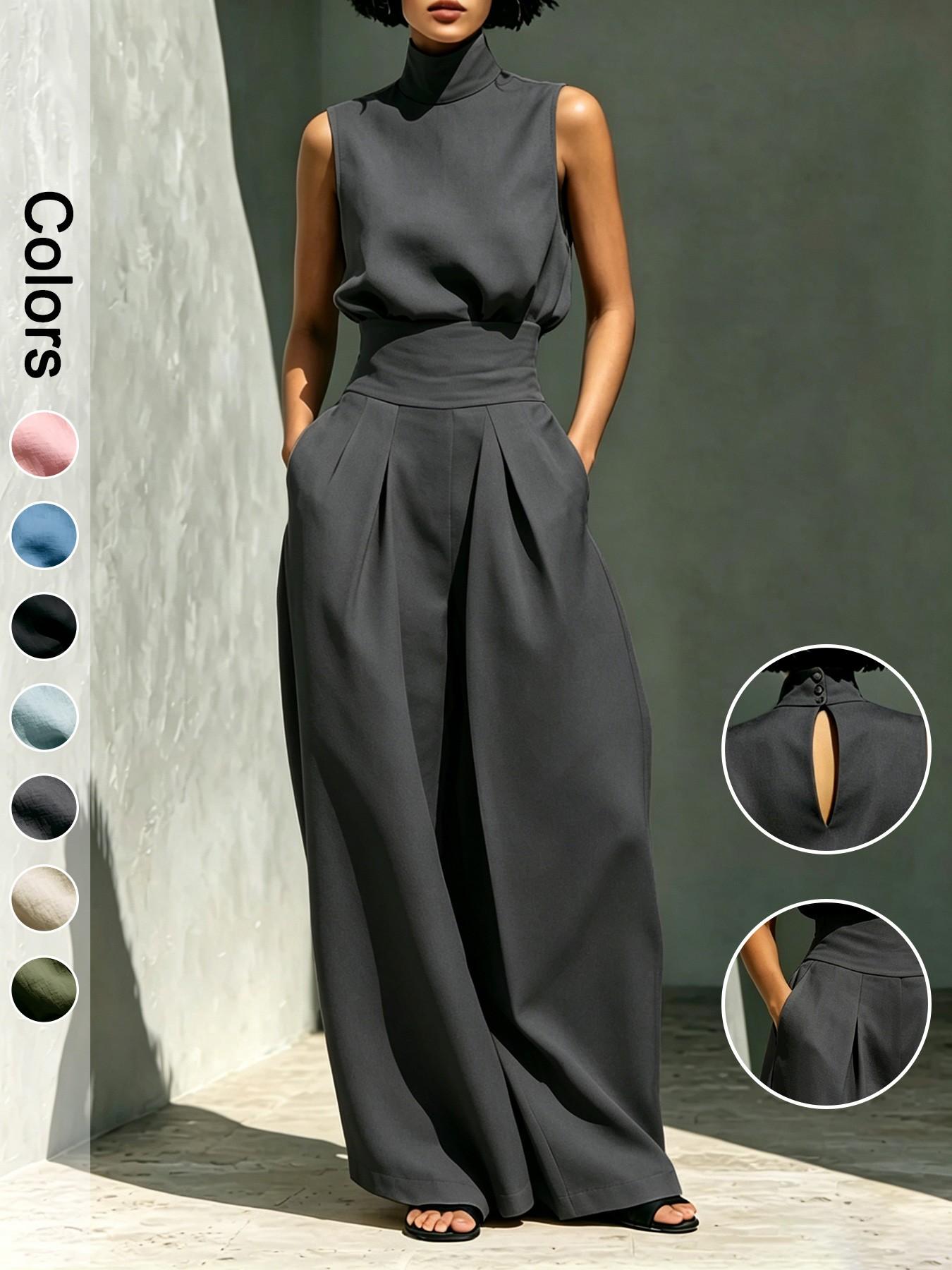 Women's Two-Piece Set High Neck Sleeveless Top and Long Pants, Elegant Style High Waist Wide Leg Pants Set, Fashionable Ladies Women's Two-Piece Set High Neck Sleeveless Top and Long Pants, Elegant Style High Waist Wide Leg Pants Set, Fashionable Ladies