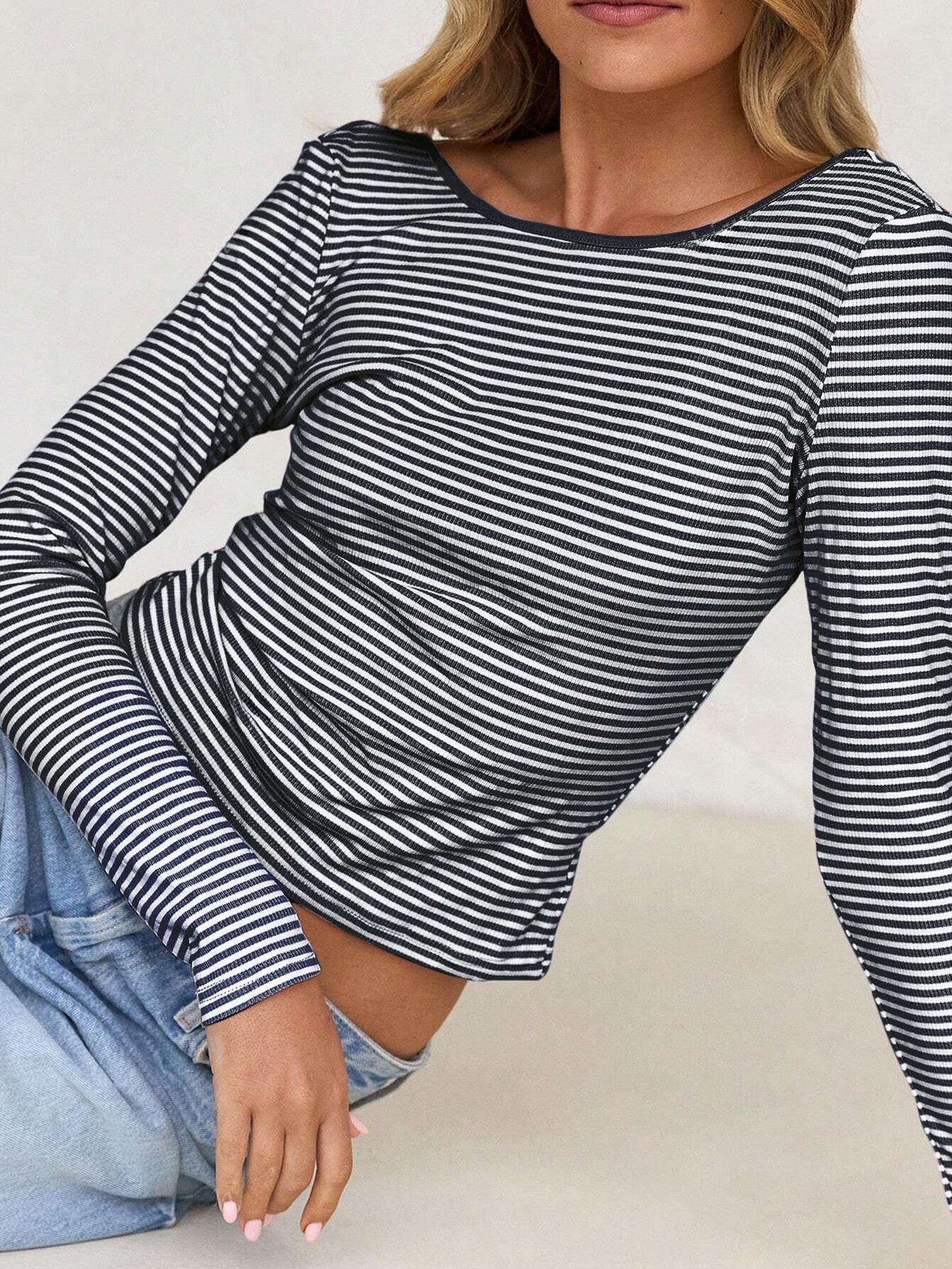 Women's Low-Back Ribbed Striped Top, Crew Neck Long-Sleeve Relaxed-Fit Crop Tee Knit, Ideal for Casual Outings/Weekend Hangouts/Everyday Wear