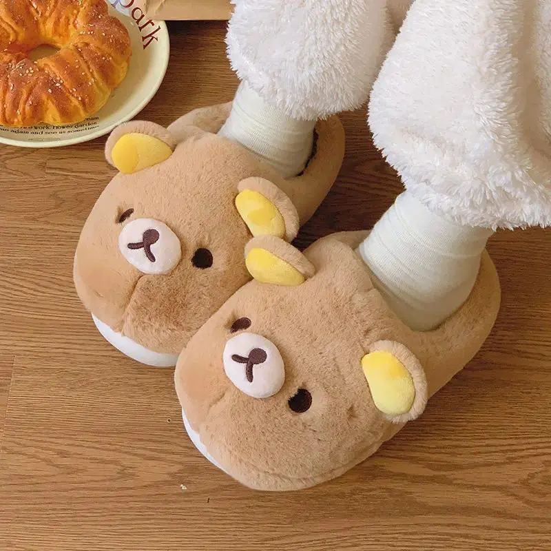 Cute Rilakkuma Cotton Slippers Winter Warm Non Slip Thick Soft Sole Slippers For Women Men Couples Indoor Outdoor Home Holiday