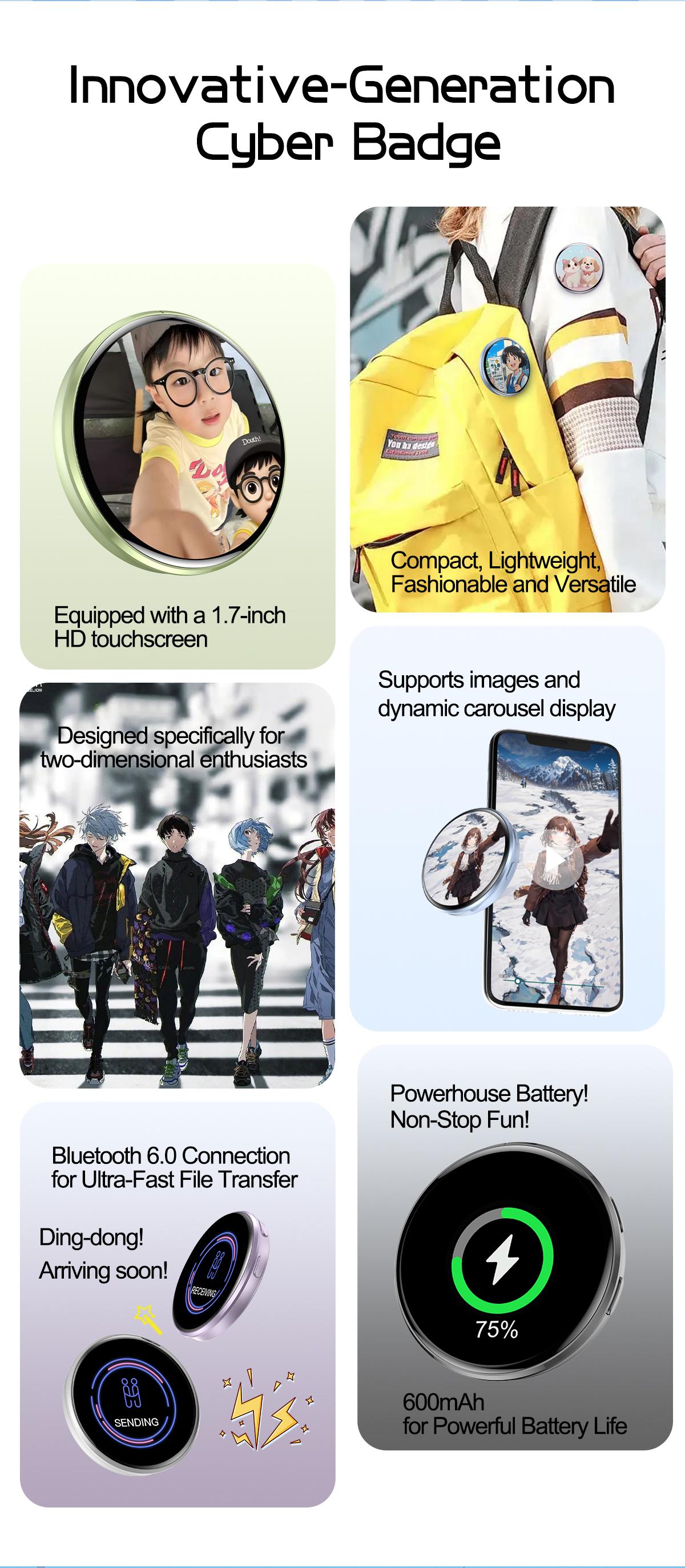 Electronic beep, mini screen projection, anime-themed accessories, 2D anime-style food beep electronic badges, authentic Bluetooth smart electronic photo album.
