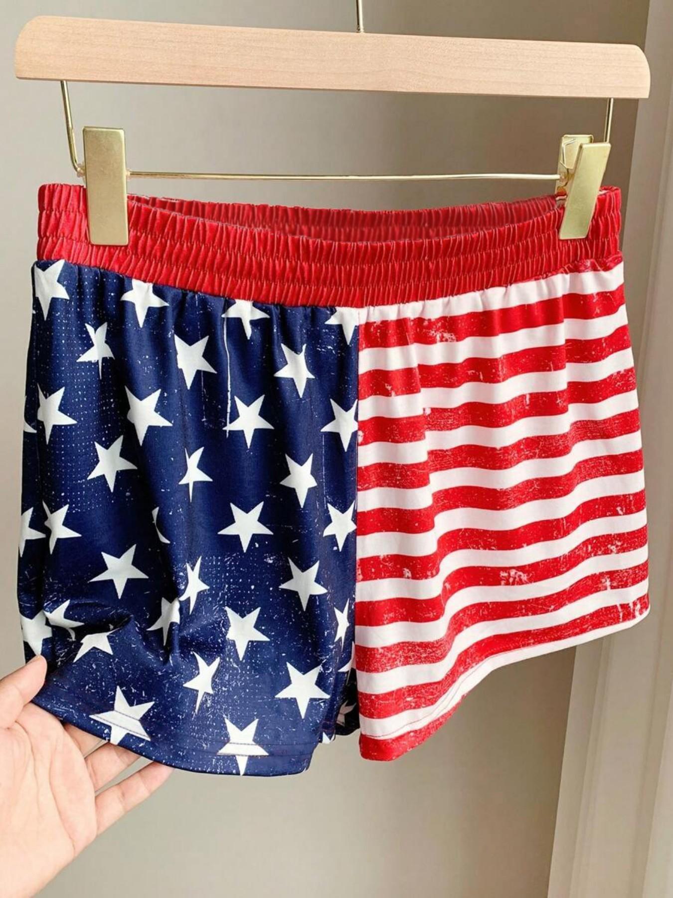 Millennial Streetwear Vintage Usa Flag Print Elastic Waist Loose Fit Shorts, Comfortable Breathable Fabric, Ideal for Summer Outdoor Wear