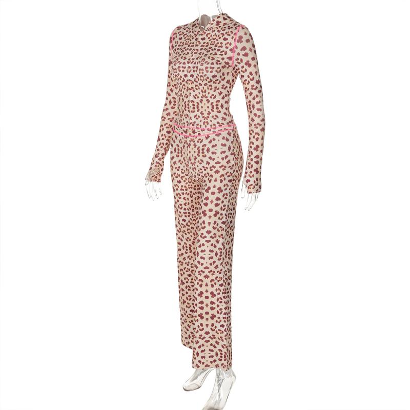 Sexy Leopard Print Sports Suit Women's 2025 Spring  New Long Sleeve Zipper Hoodie Crop Top & Long Wide-Leg Pants 2 Pieces Set Casual Party Club Elegant Wear Girls Clothes
