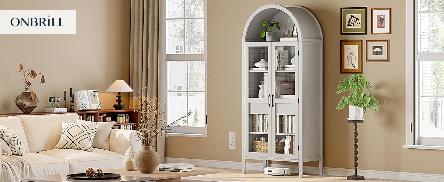 【SPOTLIGHT DAY】ONBRILL 71" Tall Arched Cabinet, 5-Tier Arched Kitchen Pantry with Glass Doors & Drawer, Modern Display Pantry Cabinets with Adjustable Feet, Wooden Pantry for Kitchen, Living & Dining Room, White