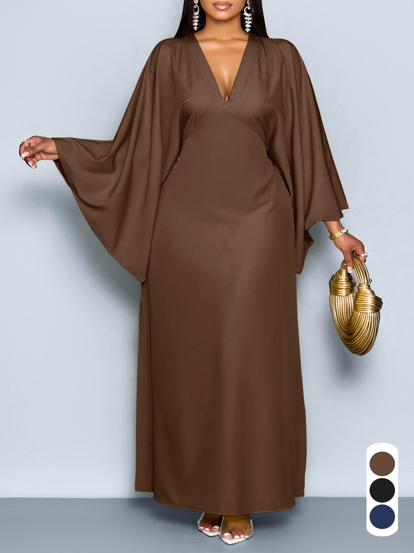 Women's Elegant Fall Casual Loose-Fit Dress, Deep V-Neck Long Sleeve High-Waisted Split Hem, Plus Size Woven Fabric Womenswear