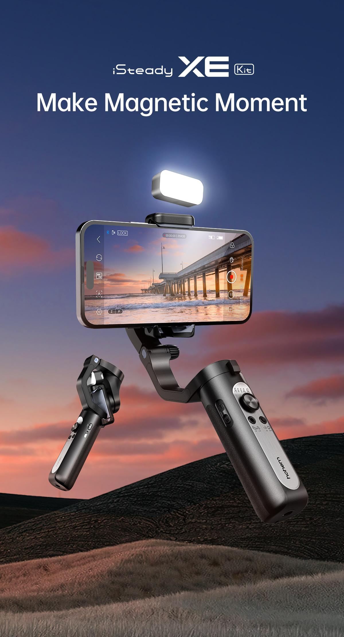 Hohem iSteady XE Kit Gimbal Stabilizer for Smartphone, 3-Axis Gimbal for iPhone 17 series & Android with Magnetic Adjustable Fill Light, Portable & Foldable Stabilizer for Video Recording