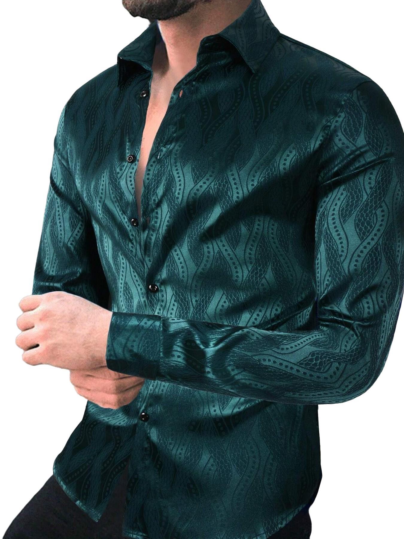 Men's Jacquard Button Front Shirt, Regular Fit Casual Long Sleeve Collared Top for Business Work Office, Fashion Men's Clothes for All Seasons