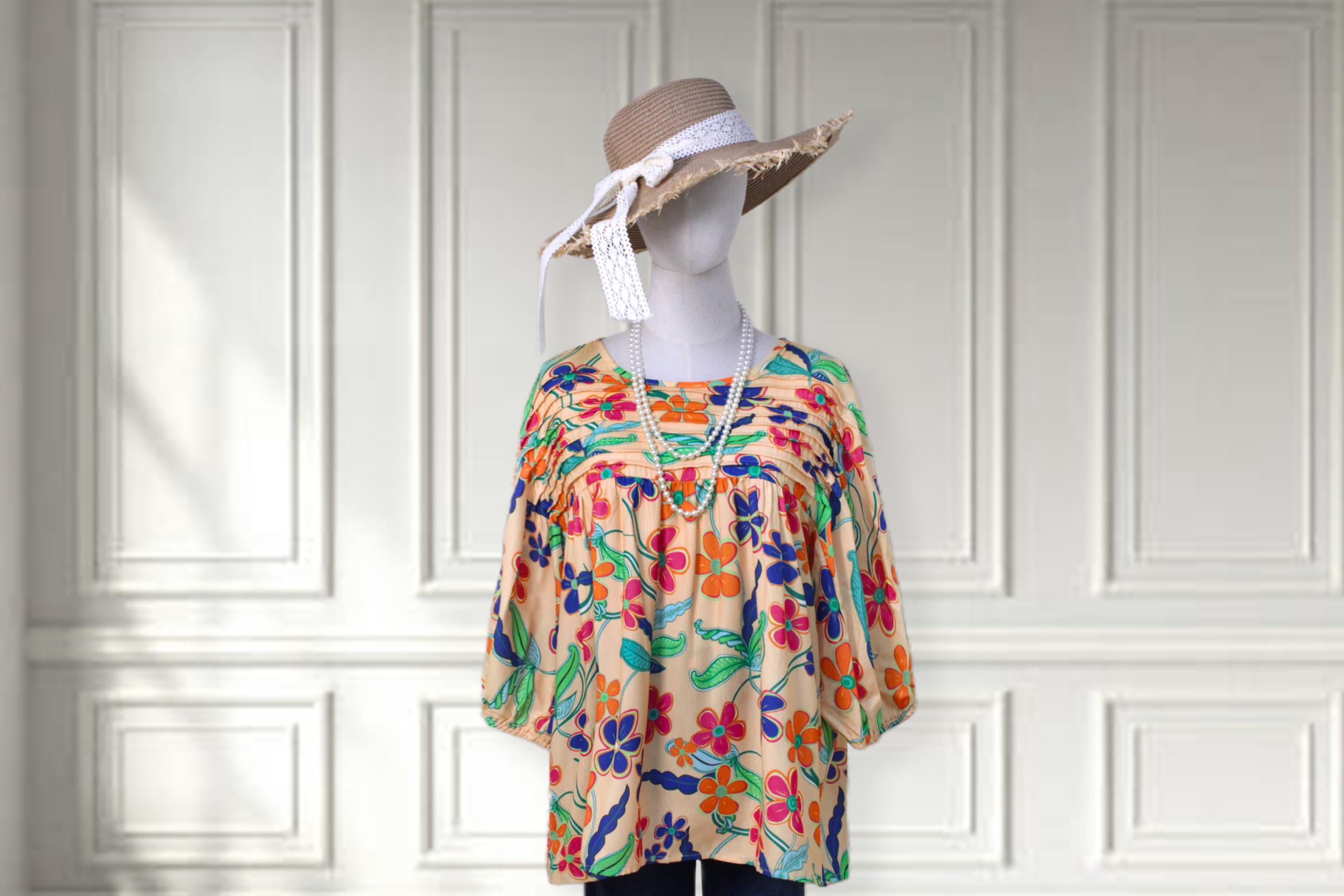SageVell Floral Pleated Blouse Puff Sleeve Top Breathable Cascading Pleat Top Colorful Botanical Print Blouse Tropical Vibe Cloth SpringStatements