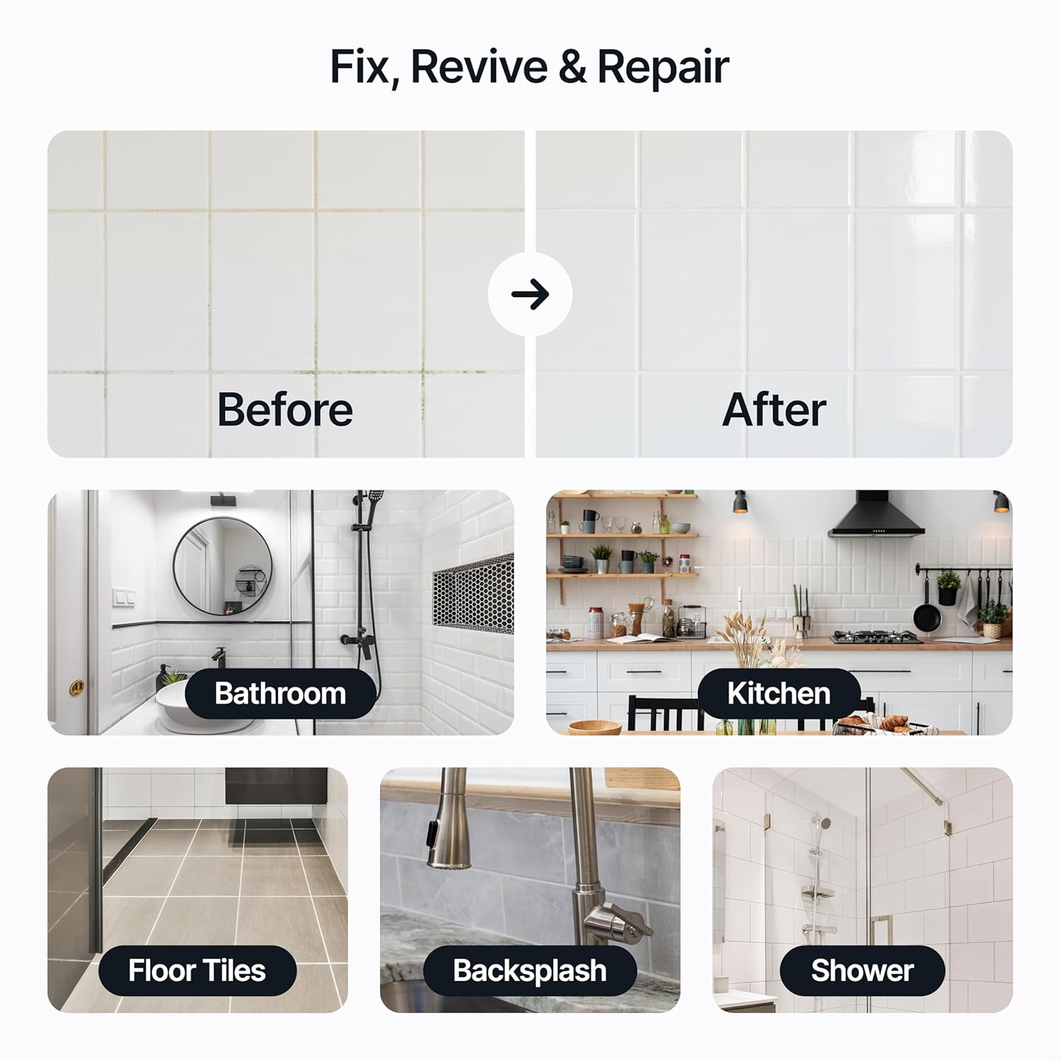 Bright White Grout Reviver Kit | Ready Mixed Grout Repair 400g / 210ml with 4 count Profiling Tool Kit | Wall & Floor Tile Adhesive, Kitchen Bathroom Shower,  Drying