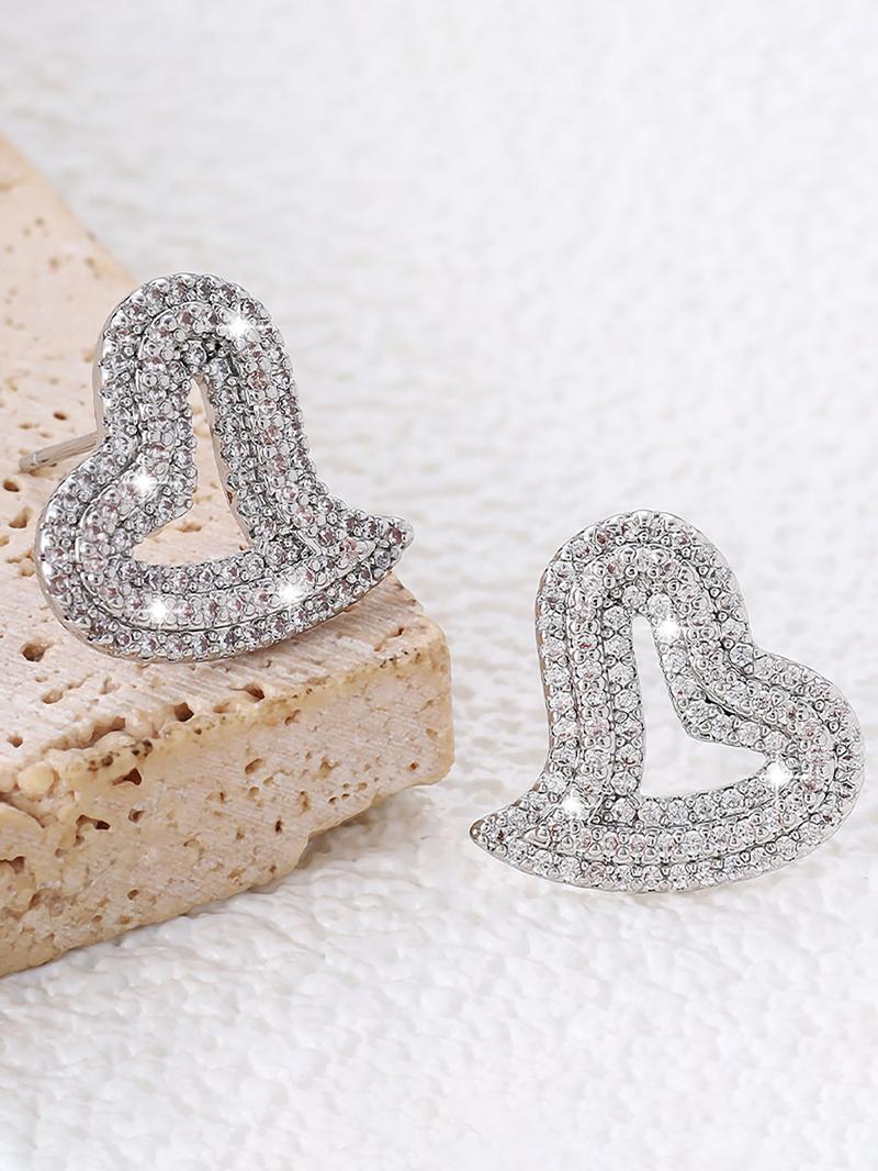 1 pair Silver - Tone Copper Twisted Heart Shaped Earrings: Pave - Set CZ, Cubic Zirconia, Chic Asymmetric Design for Daily Glam & Date Nights