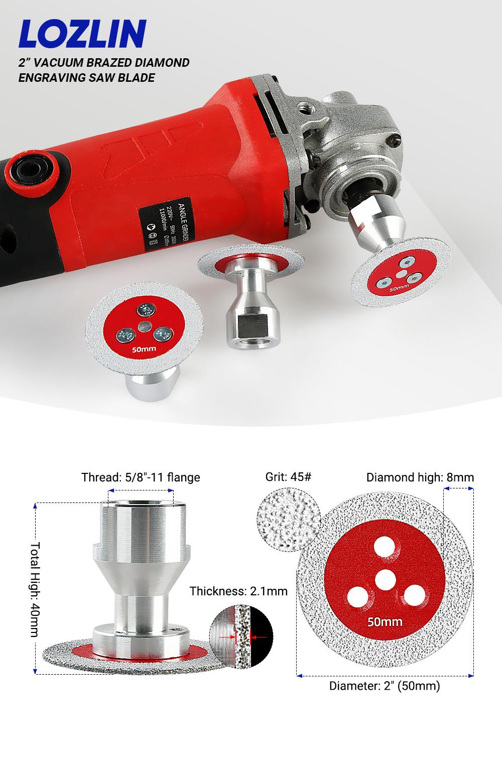 LOZLIN 3PCS 2" Diamond Saw Blades 5/8-11 Detachable Flange for Angle Grinders Cutting Engraving Stone Tile Metal Mini Grinding Discs  Durable Tools