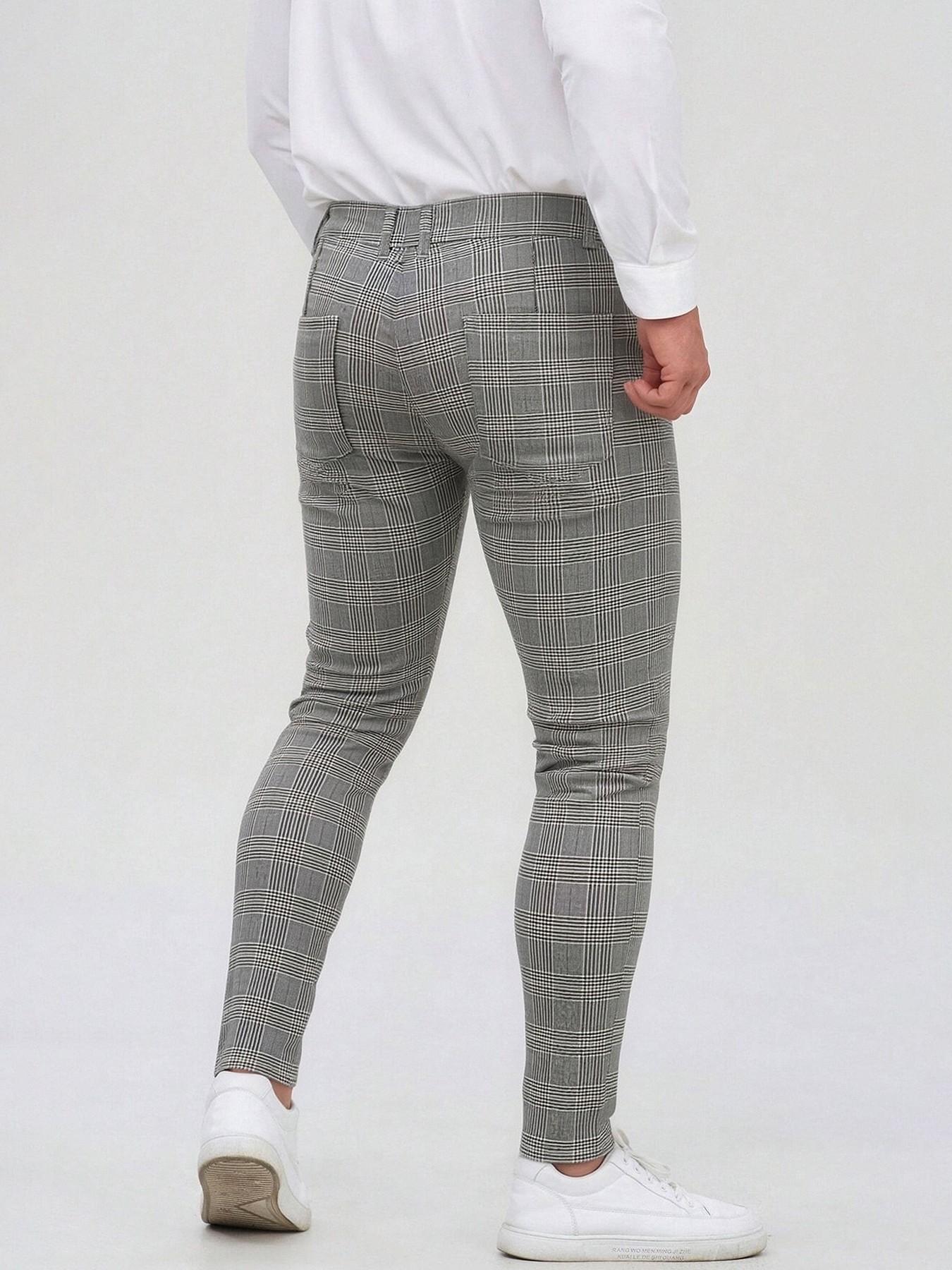 All-Season Men's Plaid Checked Slim Fit Dress Pants, British Style Skinny Tapered Casual Trousers, Wrinkle Resistant Stretch Business Pants with Center Crease, Plaid Suit Pants for Office / Daily Wear, Business Fashion Pants