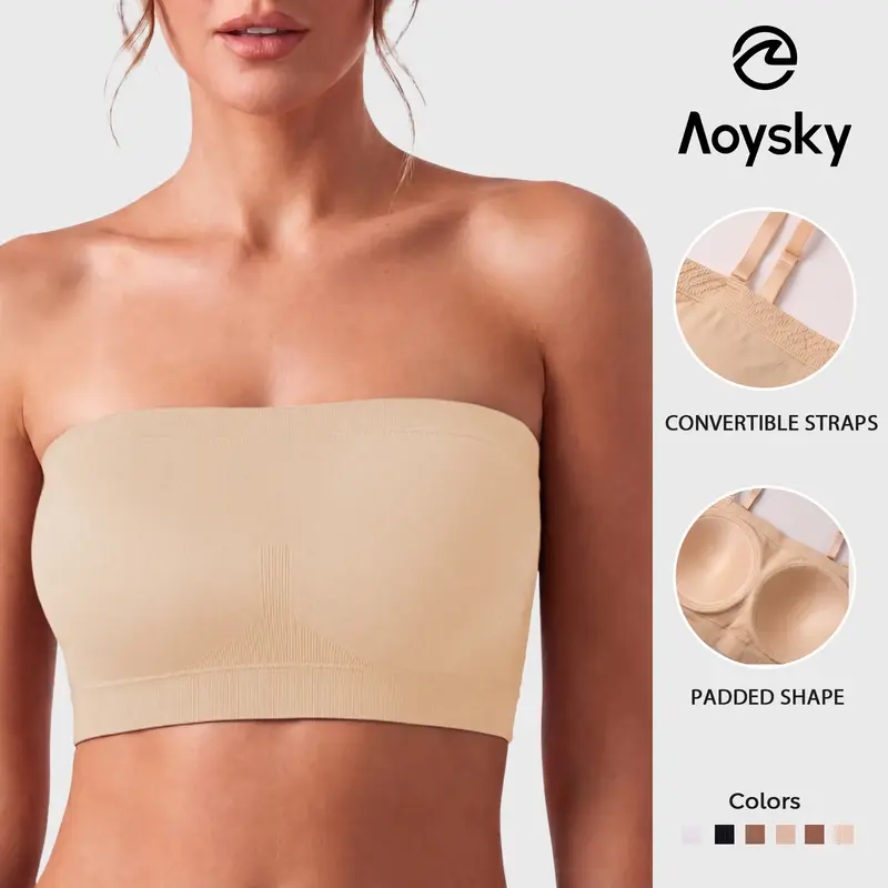 Aoysky Women's Strapless Wireless Non-Slip Convertible Adjustable Bras - Padded Bralette with Halter/Tube Options, Comfortable Fabric, Secure Bottom Band