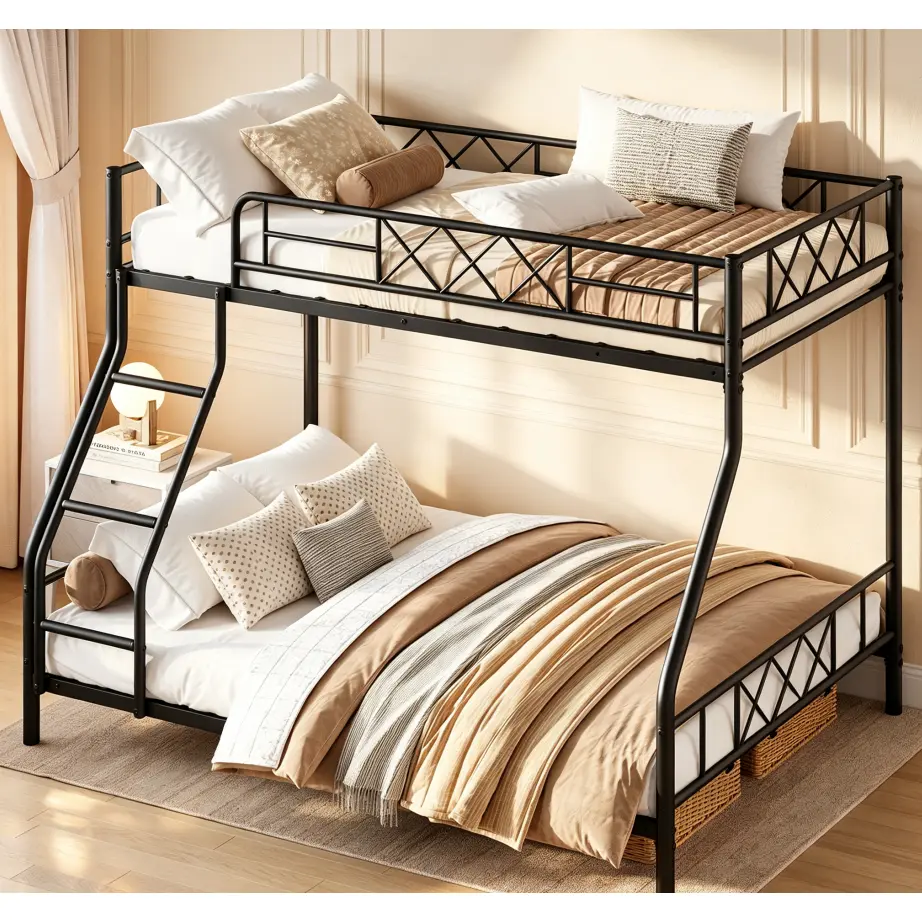 Twin Over Full Metal Bunk Bed for Adults & Teens, 20 Slats Heavy-Duty Frame, 10" Guardrails & Wide Ladder. Space-Saving Black No Box Spring