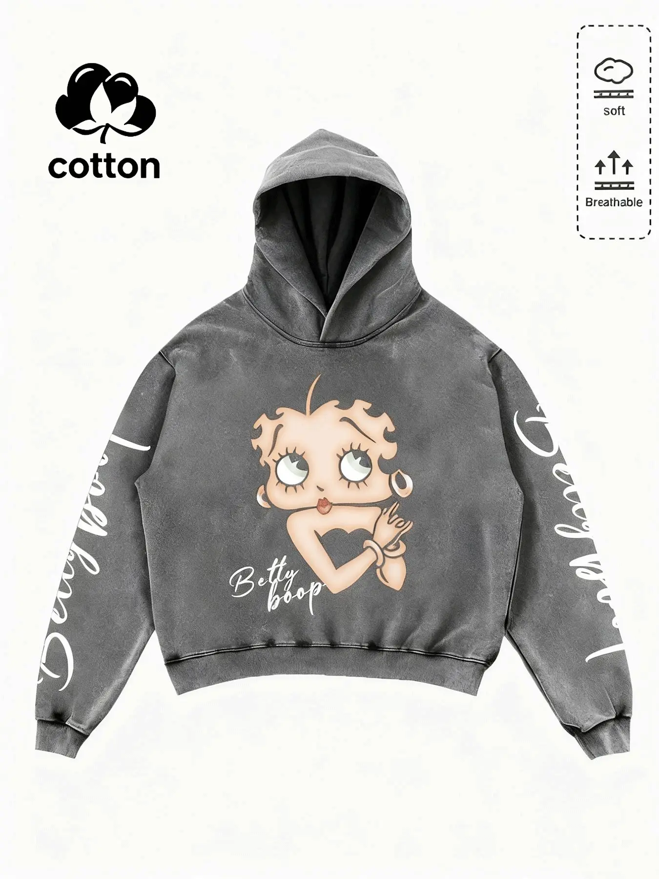 Vintage Betty Boop Print Hoodie, Textured, Classic Cartoon Image, Elegant Letter Embellishment, Retro & Trendy Style