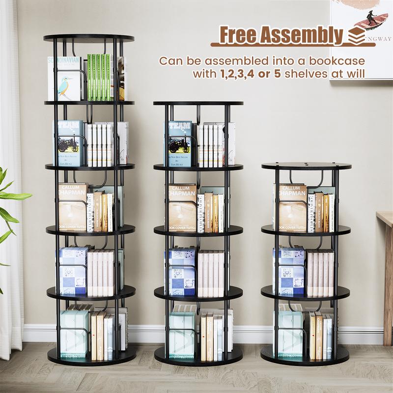 Flycity Rotating 3 Tier to 5 Tier Spinning Bookshelf Tower - 360° Display Unique Round Bookcase for Home Study Office Interior floating shelves Bedroom Flexibility
