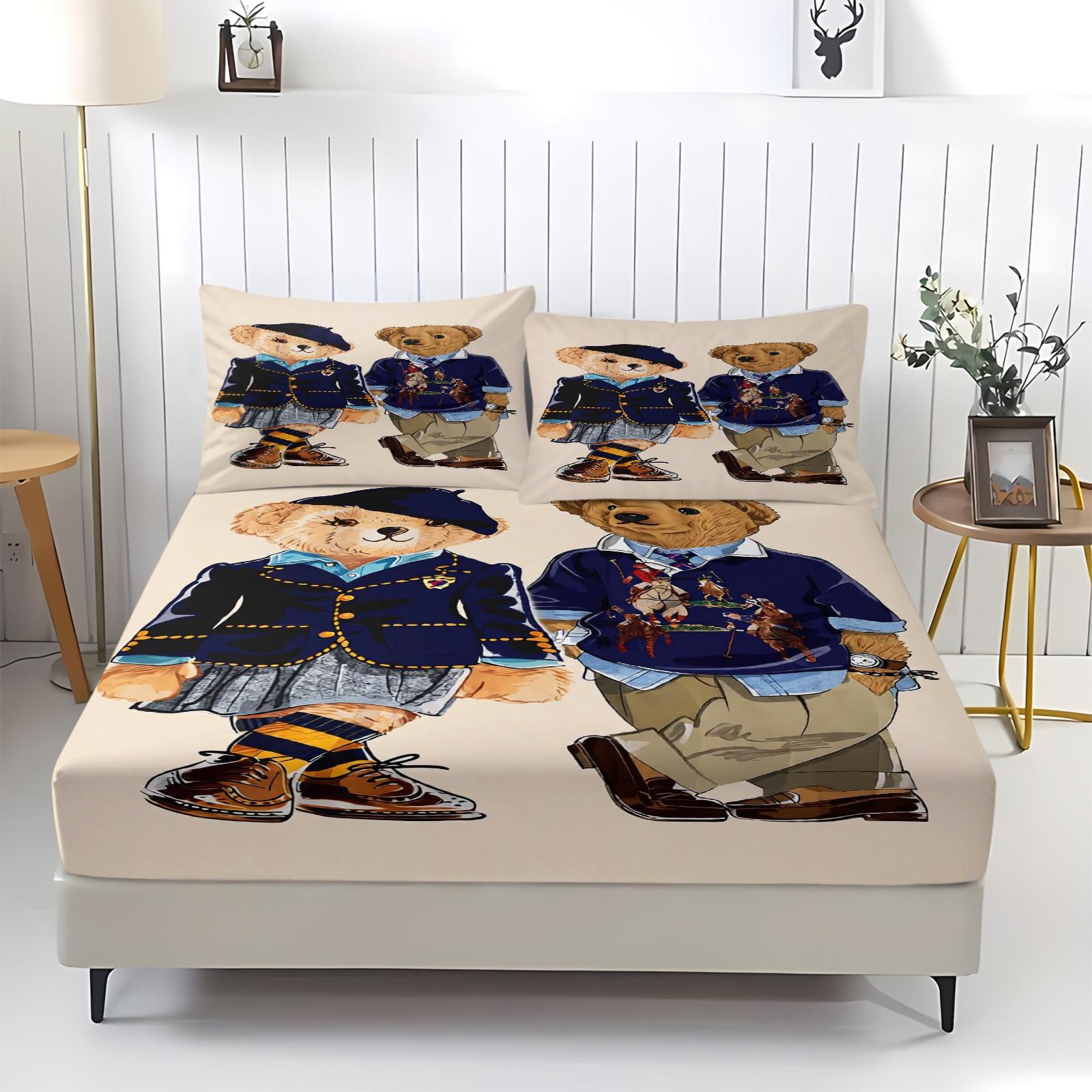 Teddy Bear Pattern Bed Sheet, Comfortable Printed Pattern, Includes 1 Bed Sheet and 2 Pillowcases, Comfortable Bedding, Non slip Dust Cover Suitable for Bedroom and Guest Room, Suitable as a Gift for Children or Adults, Bed Sheets Set