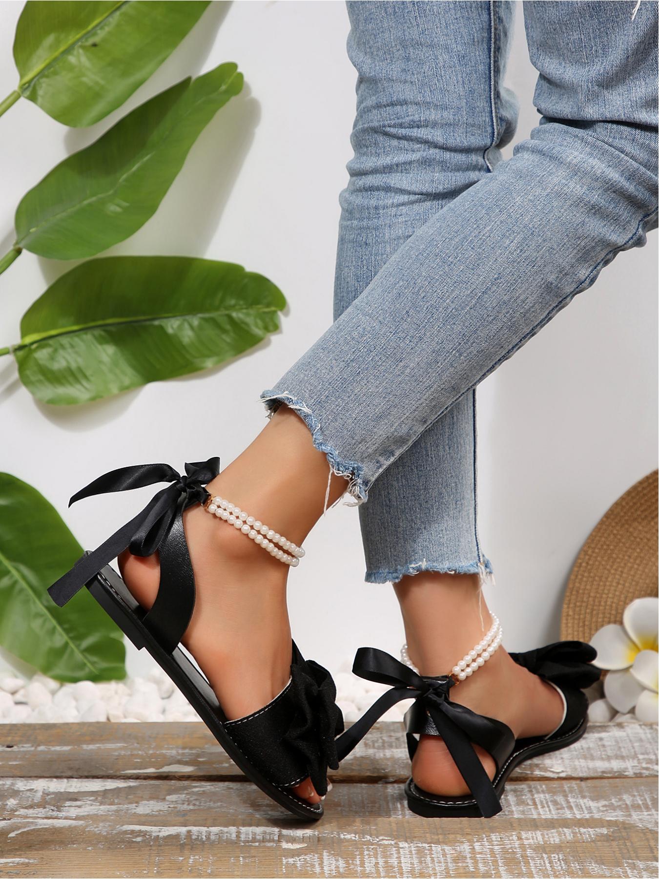 Women's Bow Decor Pearl Ankle Strap Flat Sandals, Open Toe Lace Up Bohemian Beach Shoes, Sizes 36-43 Multiple Colors