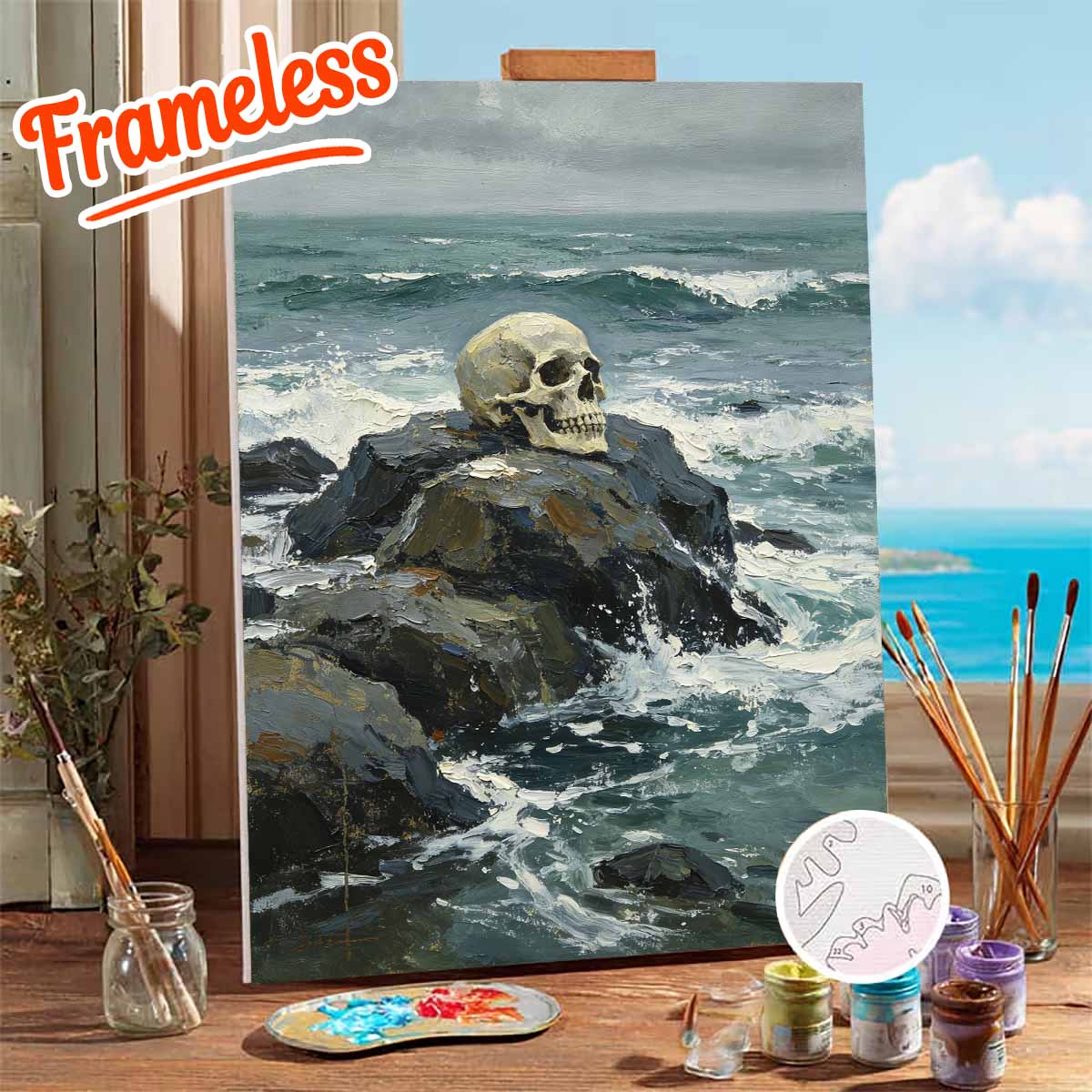 Adult Paint by Numbers Kit, Beginner Friendly, Unframed, Beach, Reef, Skull Design, Halloween Decor, Wall Art, DIY Supplies