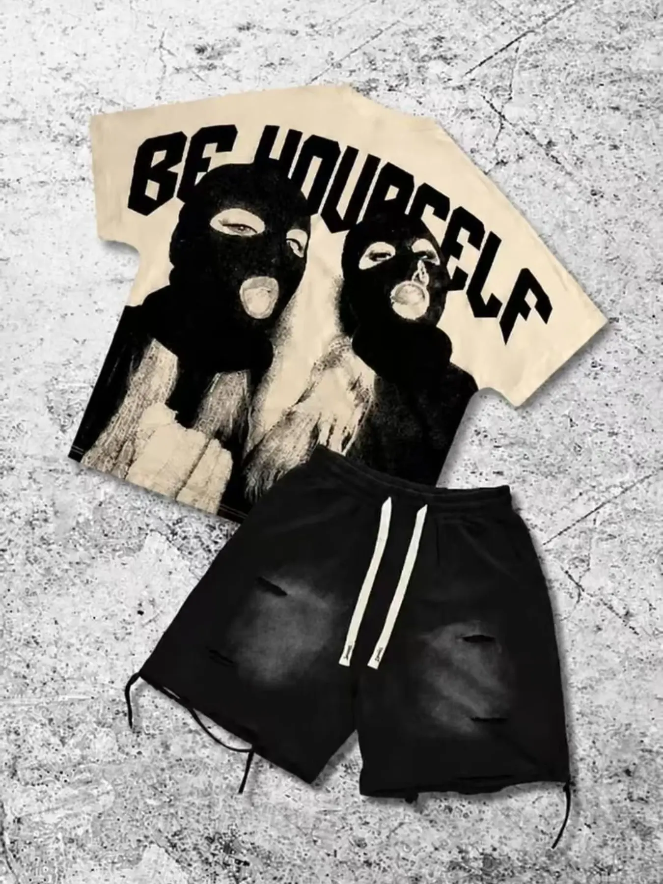 High Street Masked Figure Be Yourself Large Letter Aesthetic Short Sleeve Top Set for Men, Gradient Washed Ripped Drawstring Five-Quarter Shorts Two-Piece Set