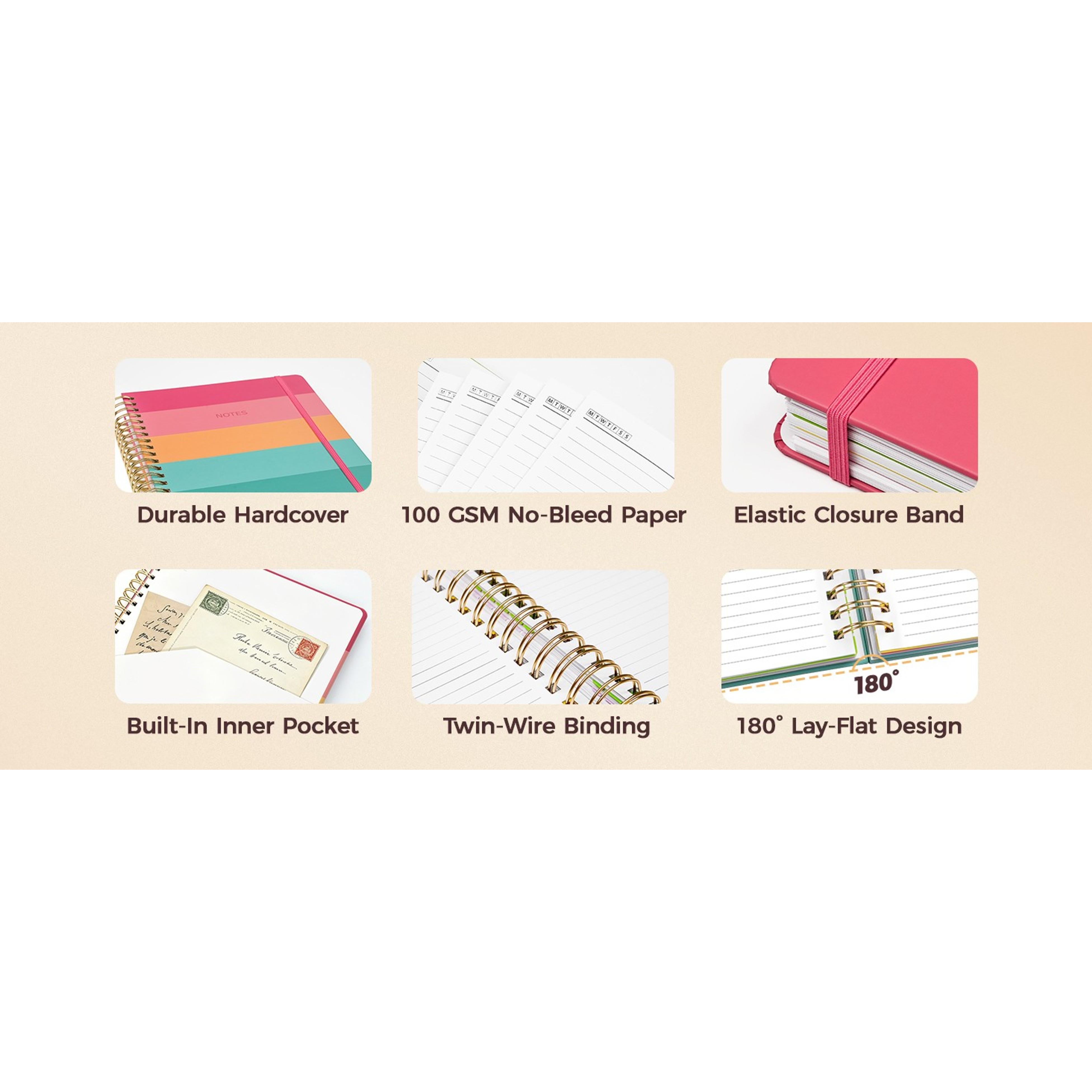 Hardcover Spiral Notebook Journal for Women & Men, Cute 5 Subject Notebook College Ruled for School & Work, Pink Journaling Notebooks with Removable Dividers Tabs, 8" x 10", 300 Pages, Bows