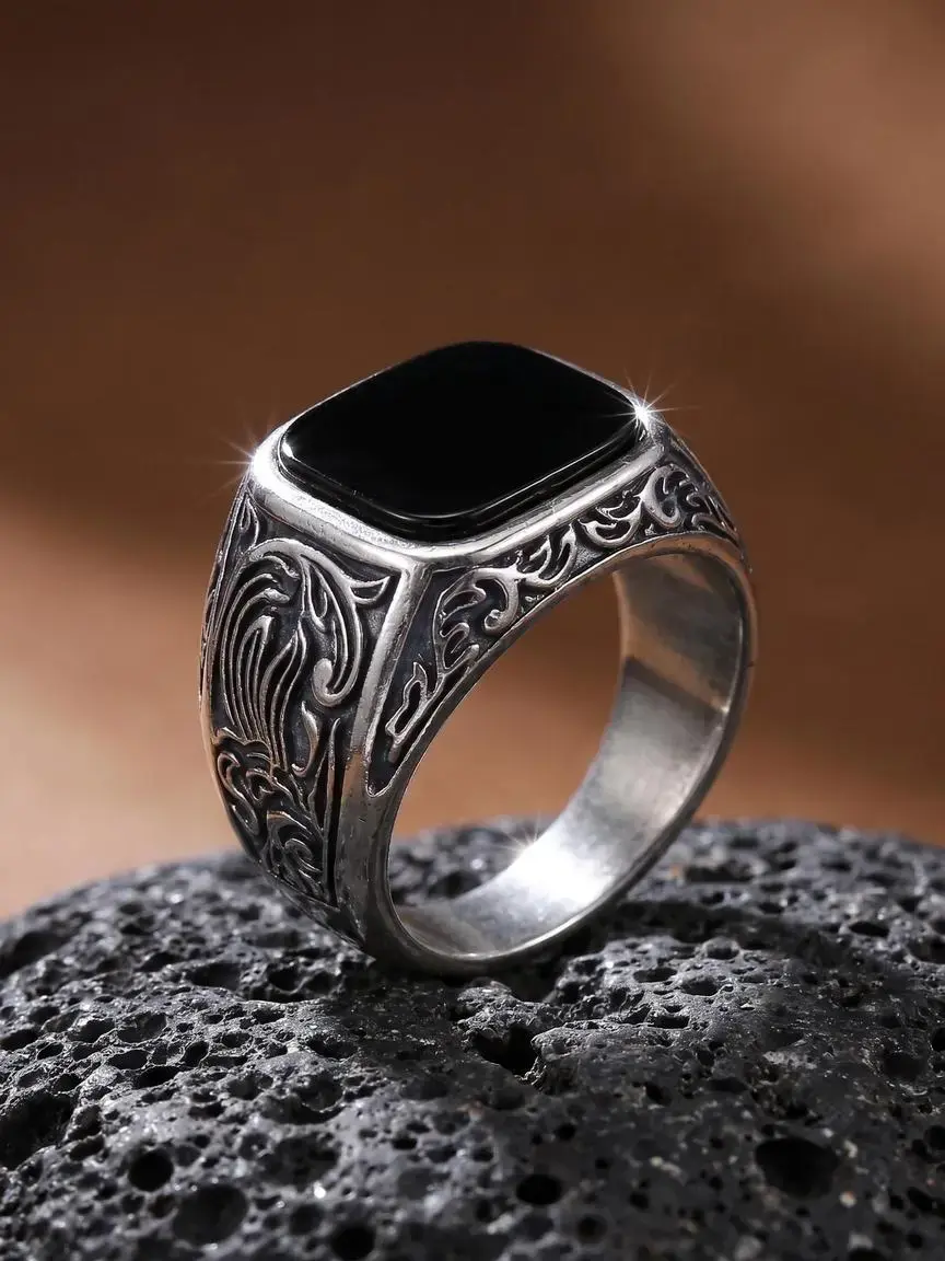 Men‘s Black Onyx Ring, 12x14mm Square Gem Carved Vintage Sterling Silver Band, Bold Gothic Statement Jewelry Gift for Him