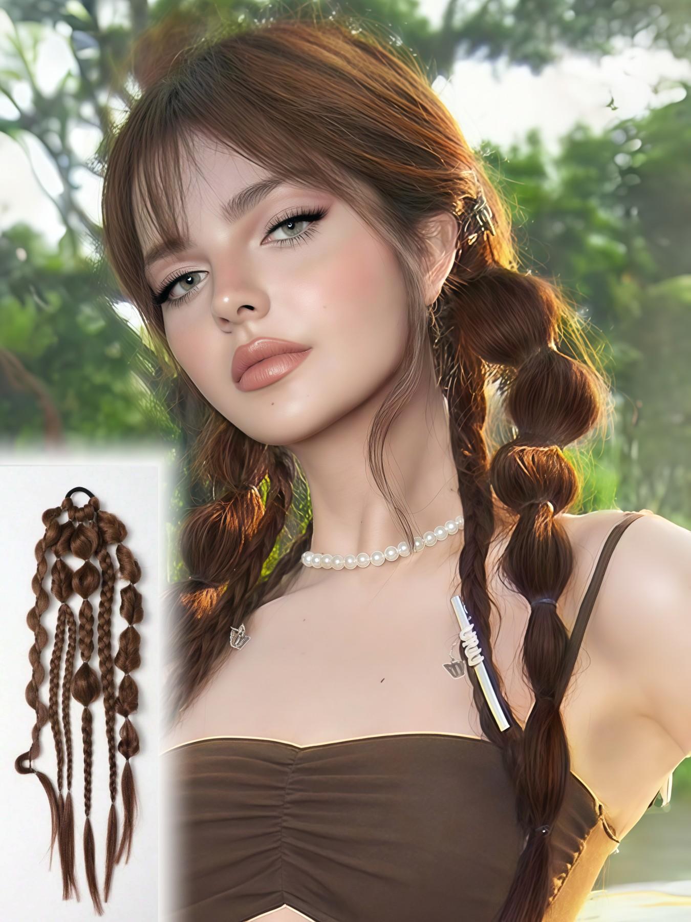 1 Piece Bubble Braid Ponytail Extension,  Hair Tie 24 Inch Braided Wrap Around Long Hairpieces Women Daily Wear Fashion Hair Accessories, Long Pre-styled Multiple Braided Ponytail Hairpiece for Women Daily Party Festival Use, Multiple Colors Available