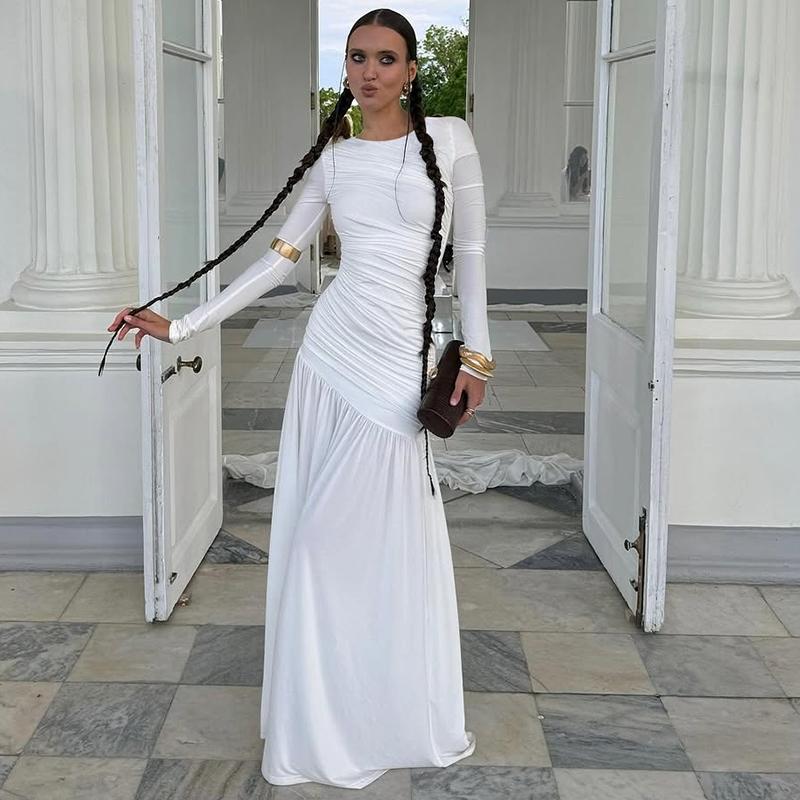 Women's Solid Ruched Round Neck Long Sleeve Pleated Dress, Elegant Plain Patchwork Plicated Slim-fitting Long Dress, Party Club Date Evening Gown Formal Dress, Ladies Spring Fall Winter Casual Dresses Clothes Wear, Formal Bodycon Dress