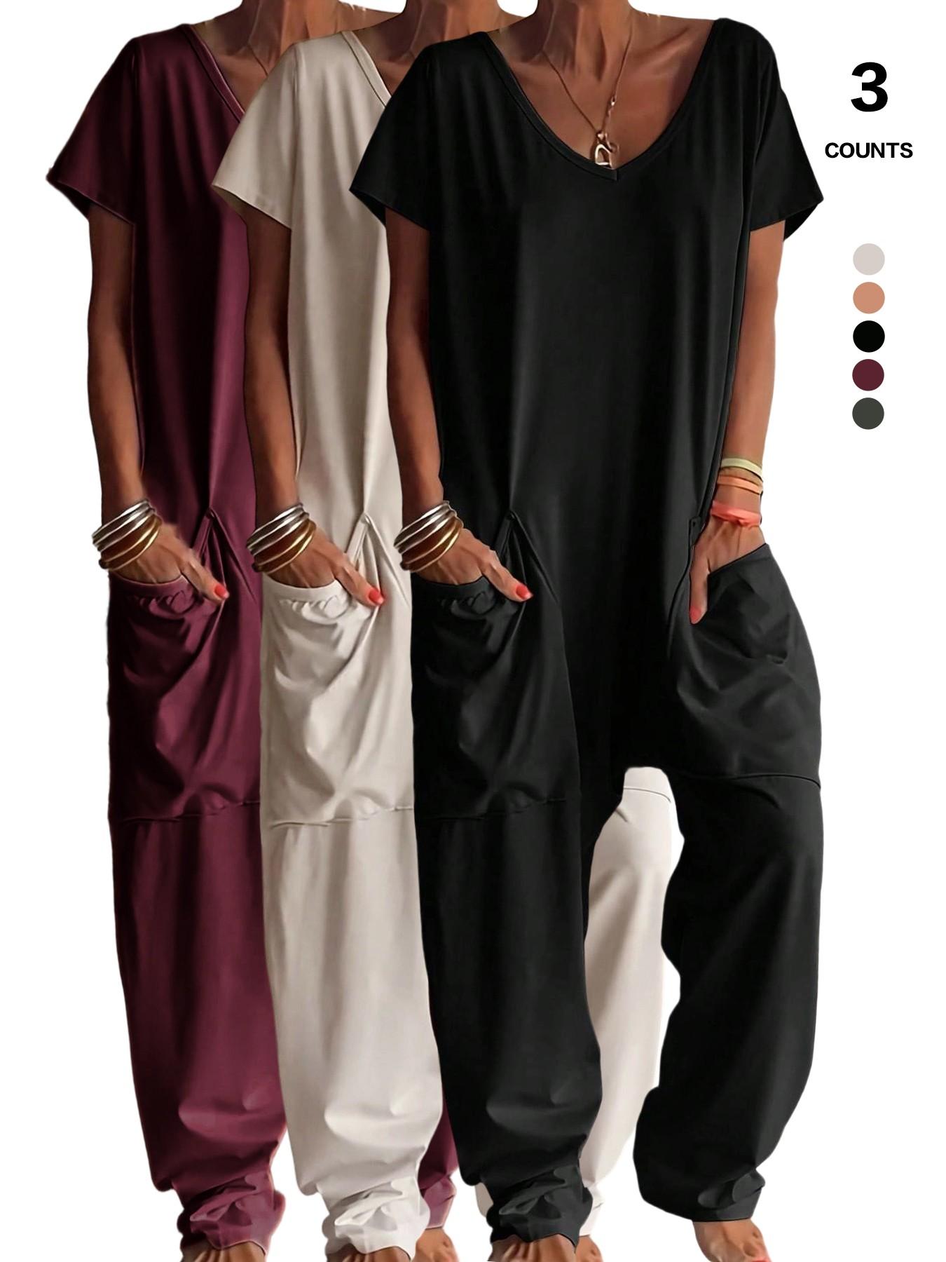 Women's Summer V-Neck Oversized Minimalist Jumpsuit, Sexy Backless Loose Fit Harem Pants, Casual Streetwear for All Seasons Womenswear