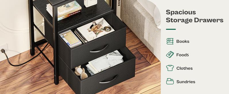 Huuger Night Stand with Charger Station and LED Lights, 2 Drawer Nightstand, Bed Side Table with Open Shelf, End Table, Fabric Dresser for Bedroom