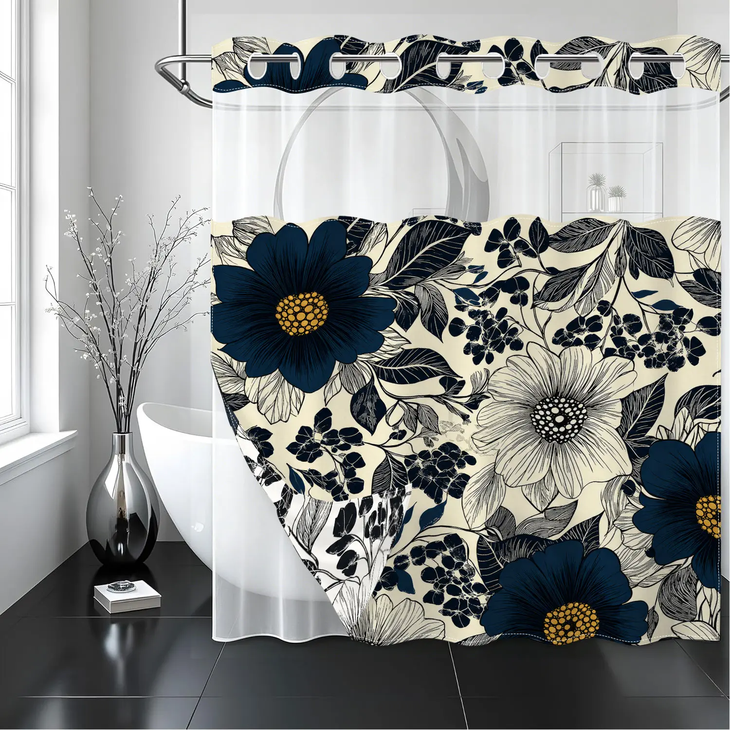 2-in-1 Hookless Shower Curtain Set with Waterproof Liner, Elegant Navy Blue Floral Botanical Print Bathroom Curtain with Light Filtering Sheer Top Window, Heavy Duty Fabric with Easy Snap Grommets