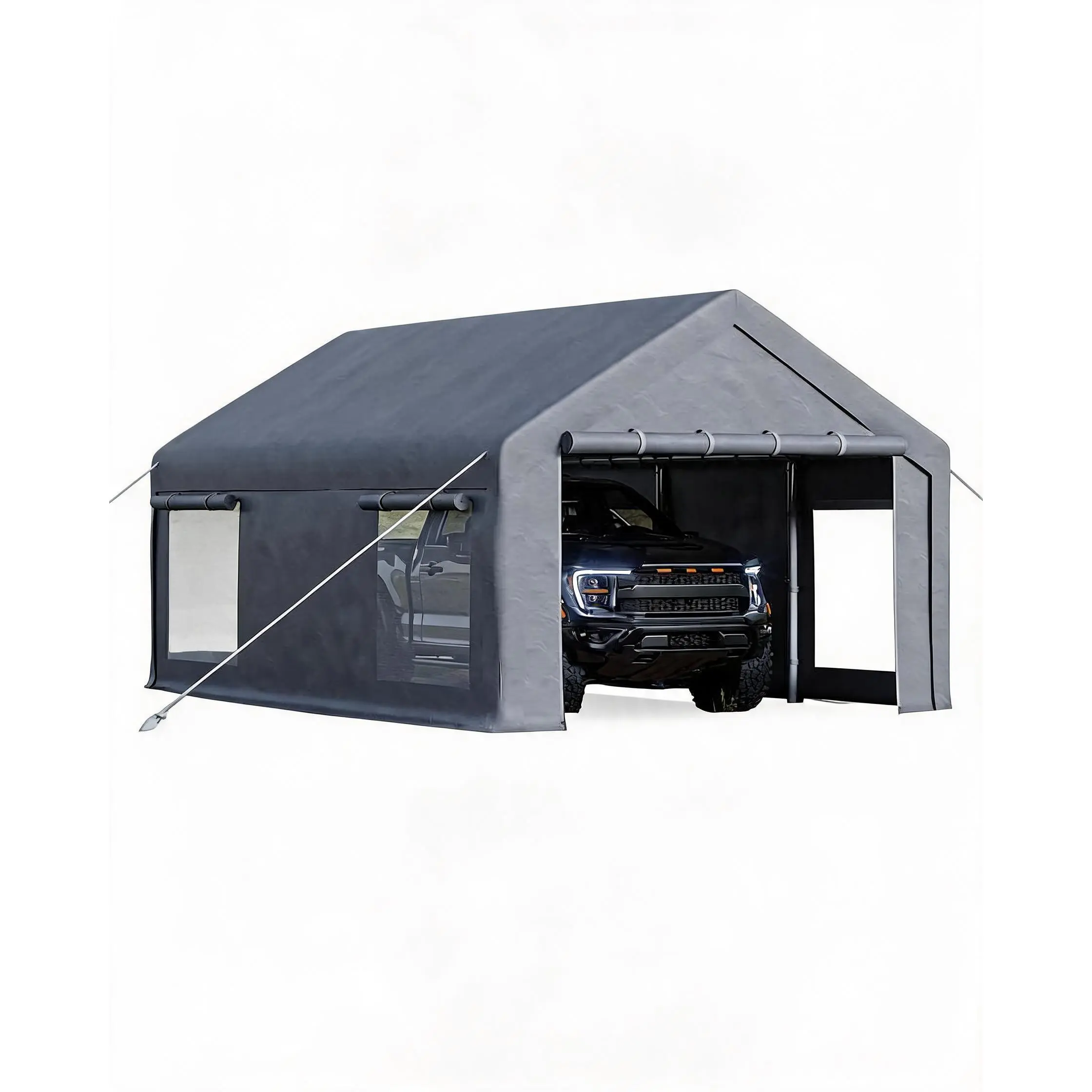 Durable Portable Carport Garage - 10x20 ft Outdoor Storage Shelter, 200g PE Tarp Canopy, 2 Roll-Up Doors, 4 Windows, for Paint Booth, Boat, Pickup, Events,Grey