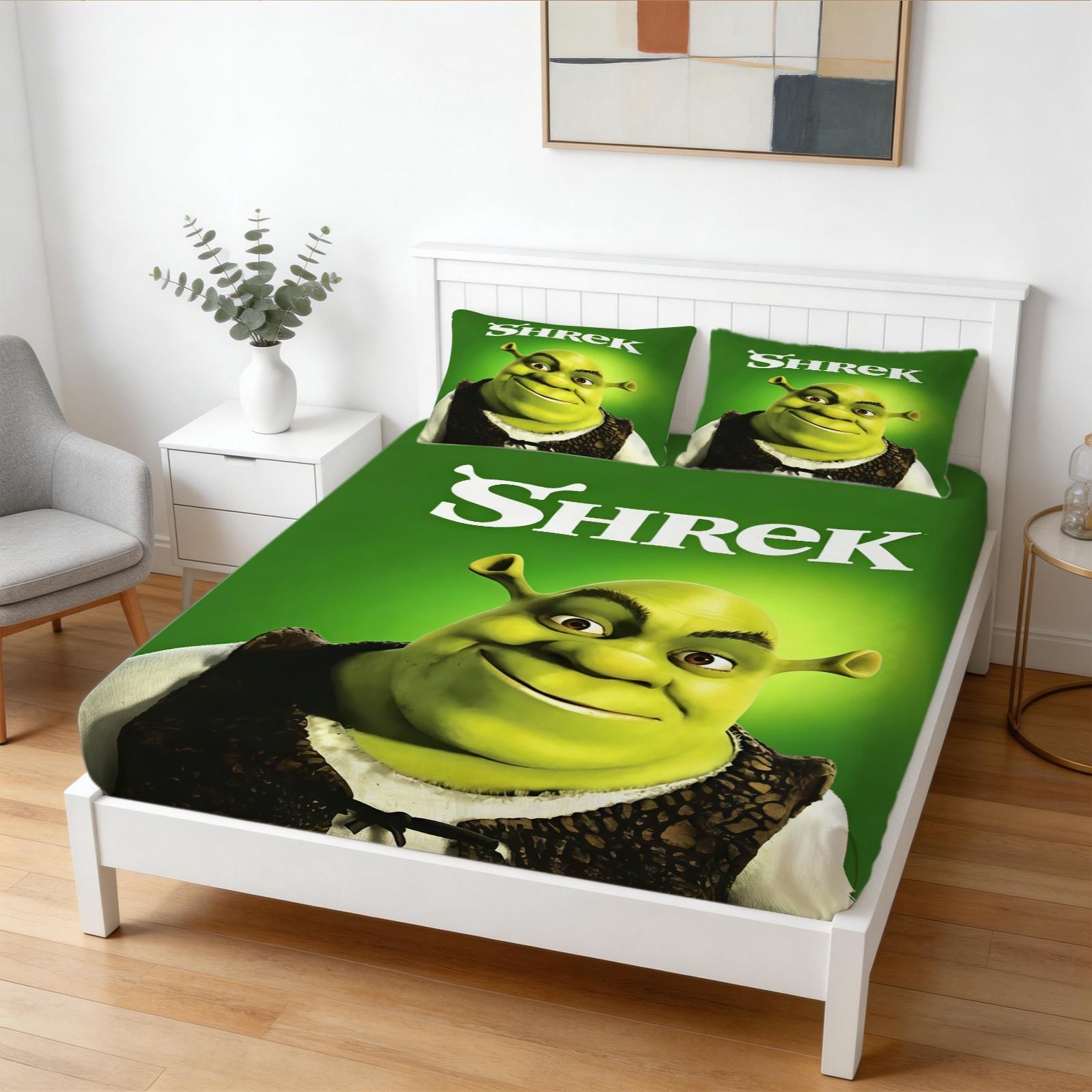 3-Piece Shrek Pattern Fitted Sheet Set, Soft And Durable Bedding Set Including 1 Flat Sheet And 2 Pillowcases, Daily Holiday Birthday Gift Bedroom Decorations For Kids And Adults