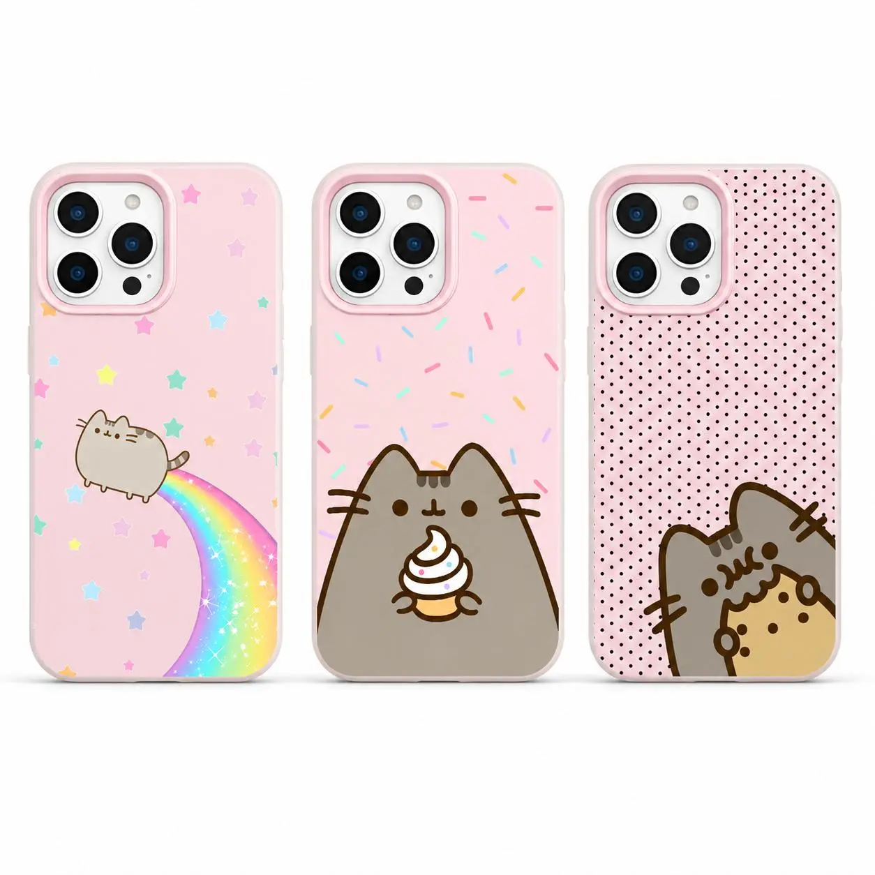 3 Styles Kawaii Pastel Pink Pusheen Chubby Cat Shockproof Anti-Slip iPhone Case, Glitter Rainbow Star, Ice Cream Cup, Black Polka Dot Cartoon Protective Phone Cover Fit iPhone 12 Pro Max-17 Pro Max