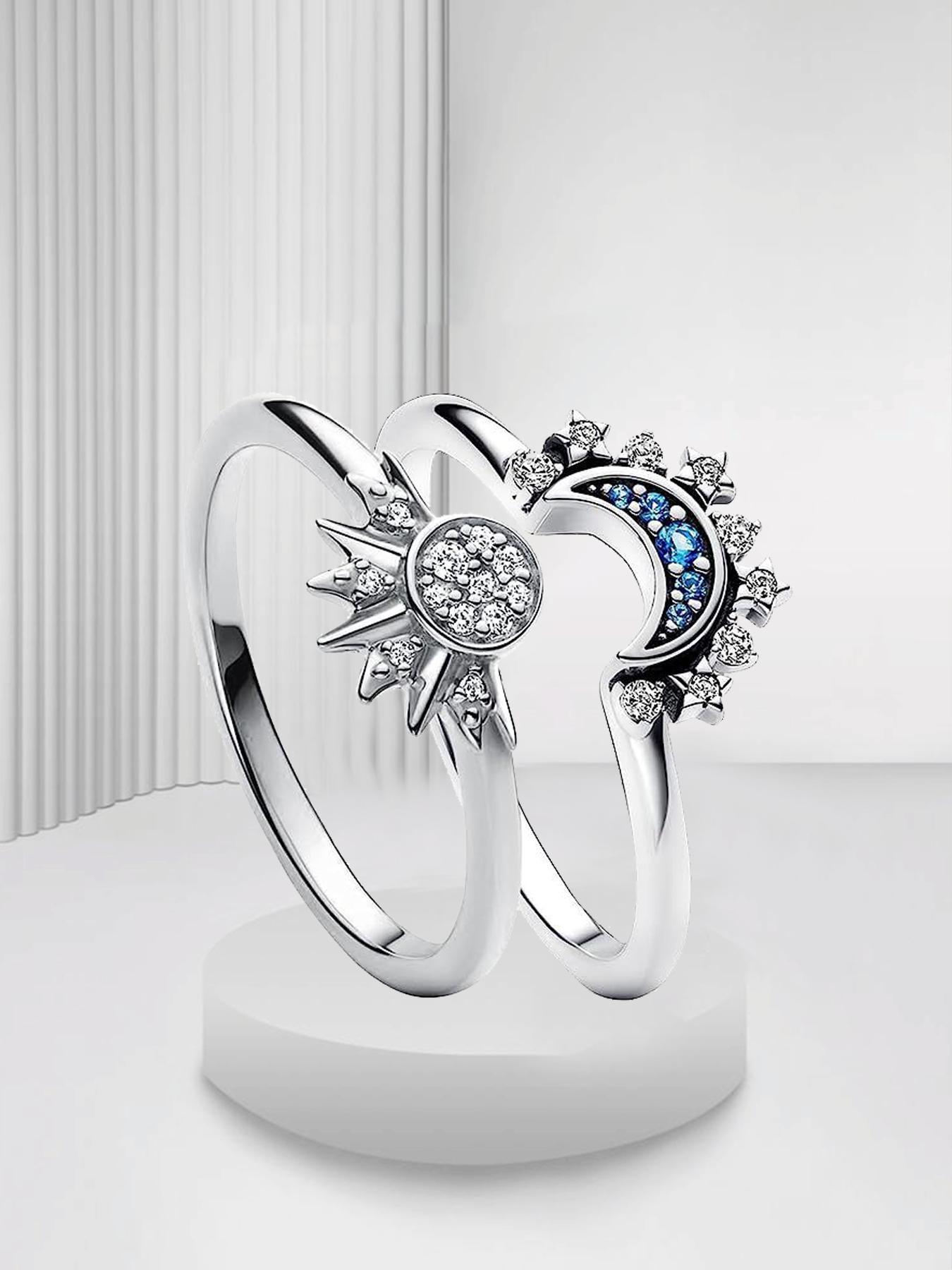 Sun Moon Couple Rings, Blue Celestial Design, Simple Rhinestone Wedding Band, Perfect Gift for Girlfriend & Best Friend