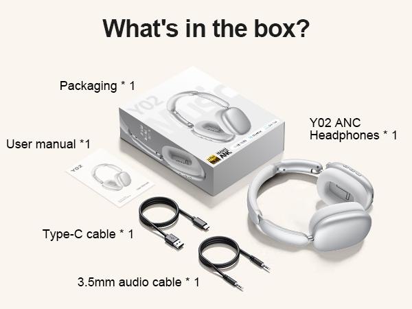 Wentronic Y02 ANC Headphones 60H Playtime,Hybrid Noise Cancelling,Hi-Res Audio,Foldable,Soft Earpads, with Mic for iOS/Android/PC