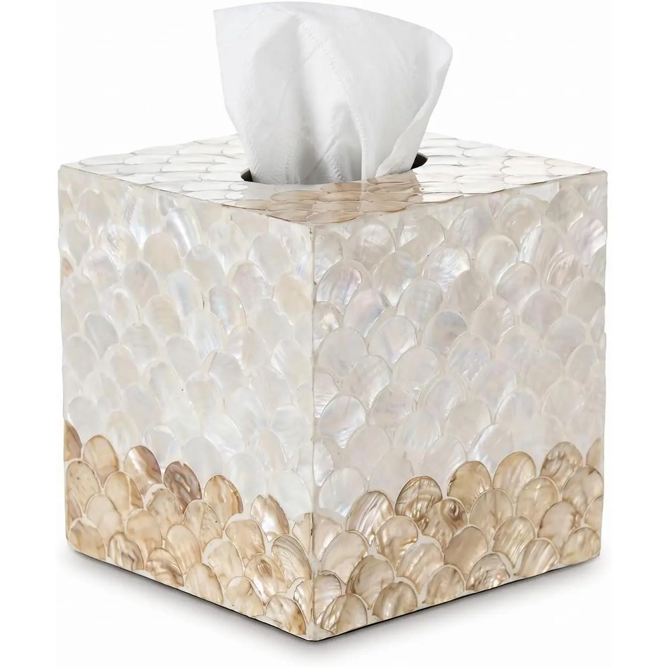 Tissue Box Cover, Boho Decoraive Tissue Box Holder with Capiz Shell, Handmade Tissues Cube Box Cover for Bathroom Decor Accessories,Vanity,Bedroom or Office,Square(White and Golden Fish Scales)