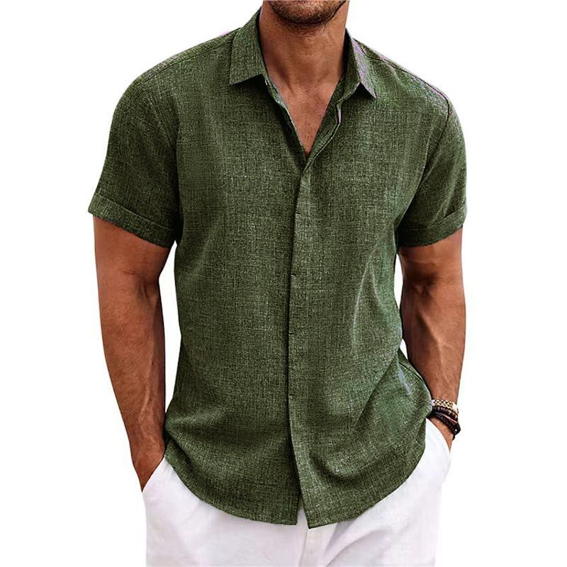 Men's Plain Linen-Polyester Short-Sleeve Button-Down Shirts - Loose-Fitting, Collared Neck, Lightweight, Breathable, Skin Friendly, Street Casual Tops for Daily, Semi-Formal Menswear